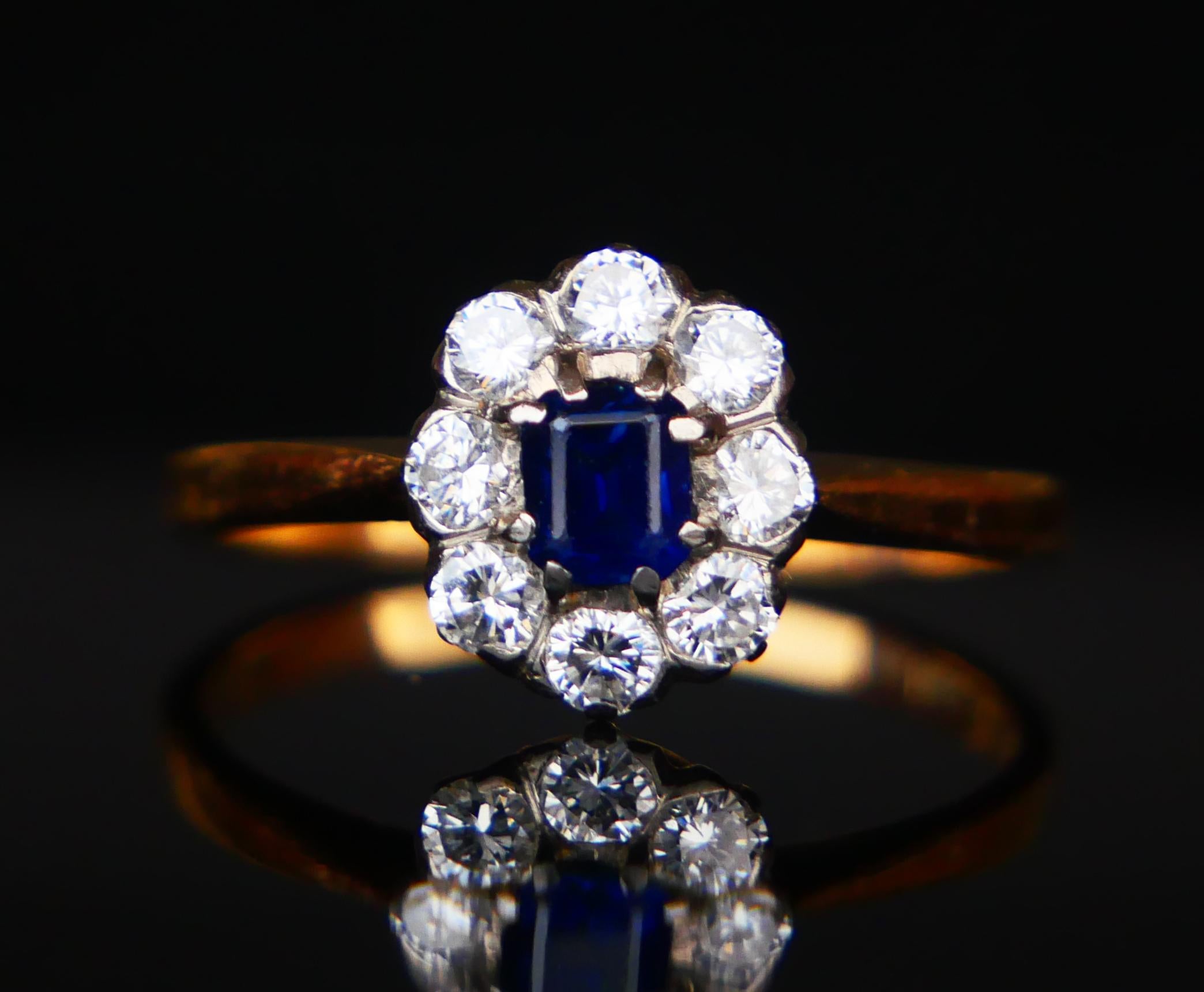 Retro 1954 Ring natural 0.45ct Sapphire 0.64 ctw Diamonds 18K Gold ØUS6.75 /2.43gr For Sale