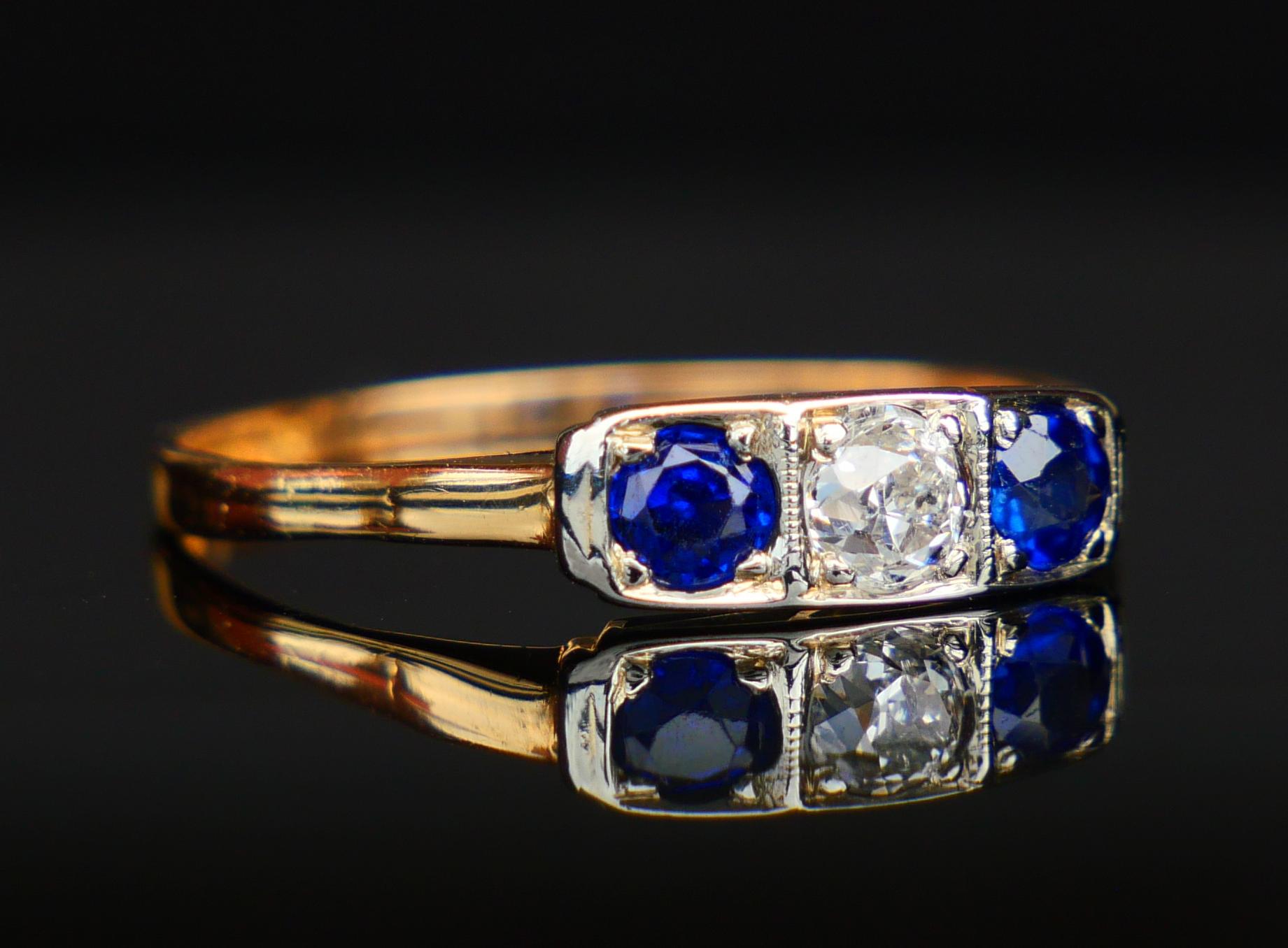 Rétro 1954 Anello Zaffiro Diamante Zaffiro massiccio in oro 18 carati Ø 7,5US / 1,6 gr in vendita