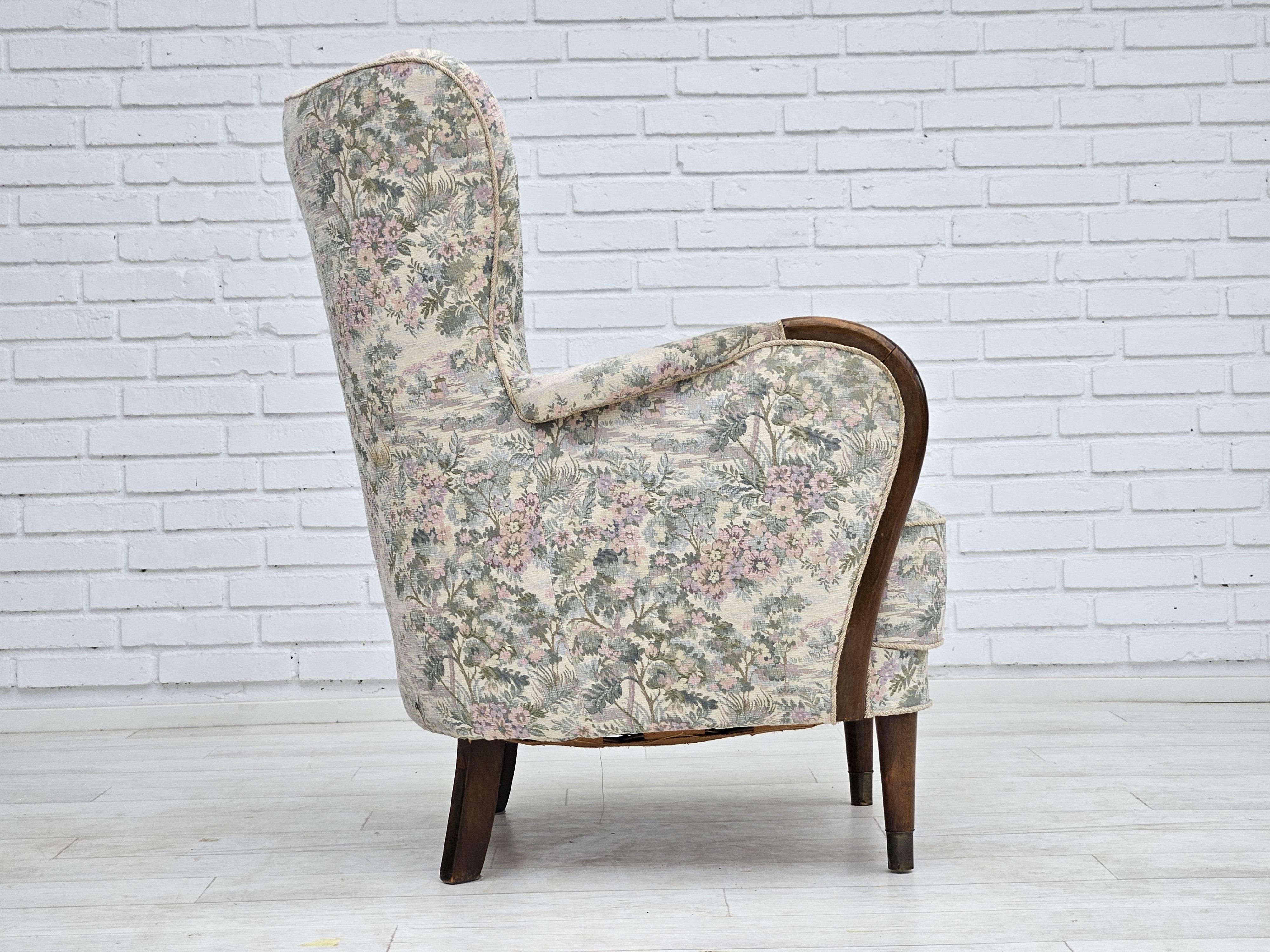 Fabric 1955-60s, Danish design, armchair in floral multicolor fabric, original. For Sale