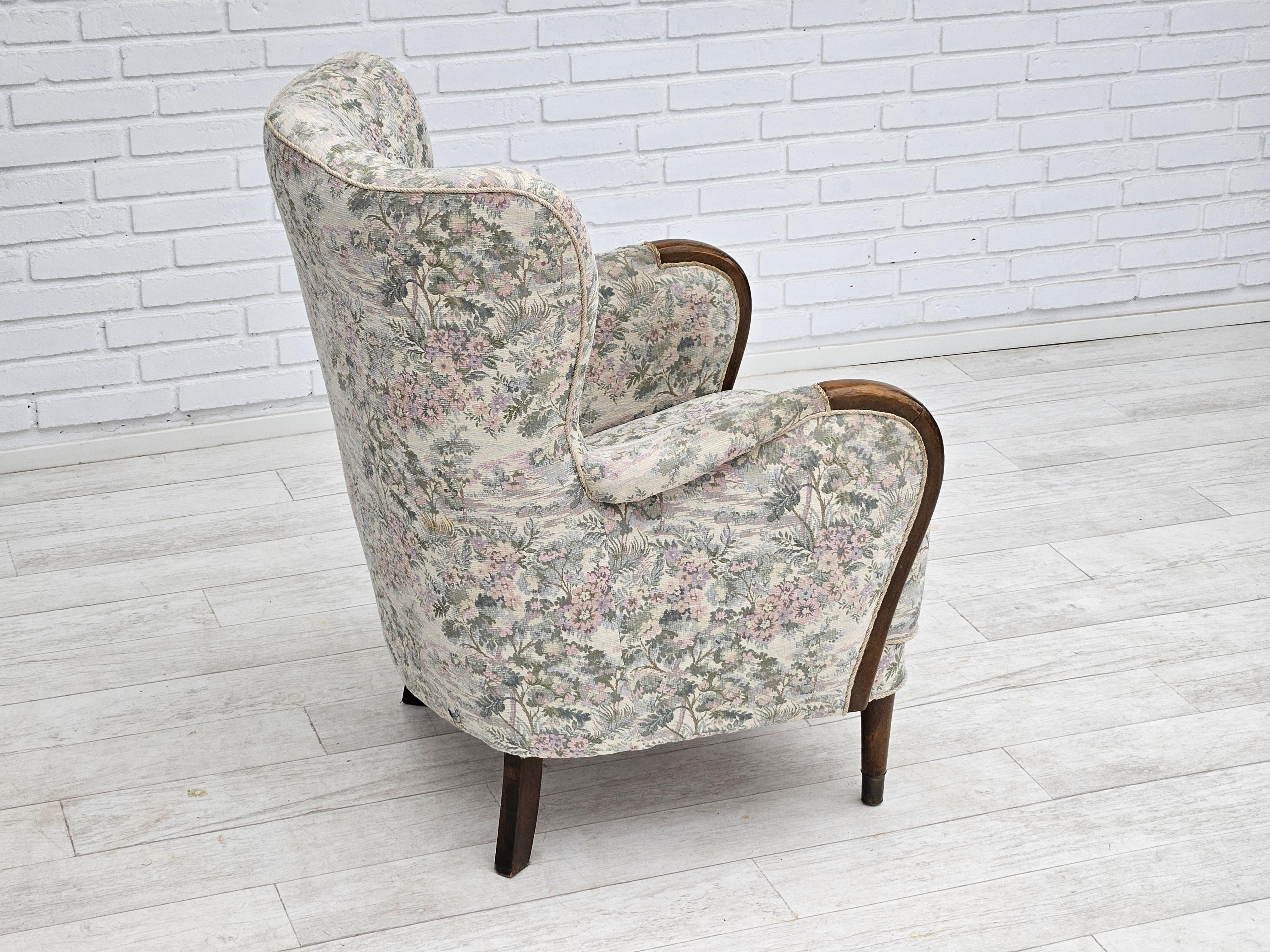 1955-60s, Danish design, armchair in floral multicolor fabric, original. For Sale 1