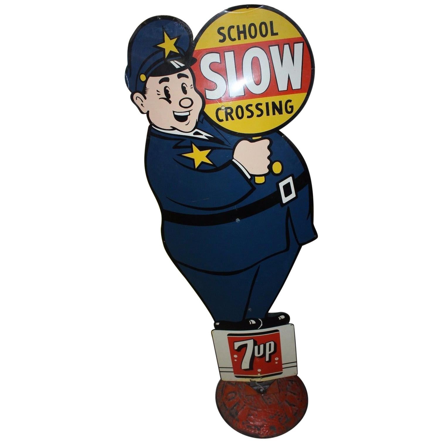 1955 7-UP Soda School Crossing Guard Safety Tin Sign For Sale