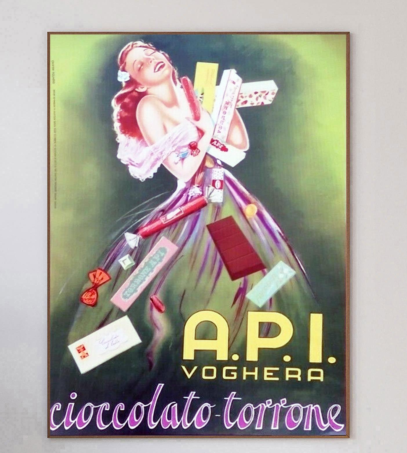 Gorgeous poster promoting the Cioccolato-Torrone or Chocolate and Nougat of API of Voghera in Lombardy, Italy. Created in 1955, this poster depicts a woman being showered by confectionary and chocolates to her great delight.

The wonderful design is