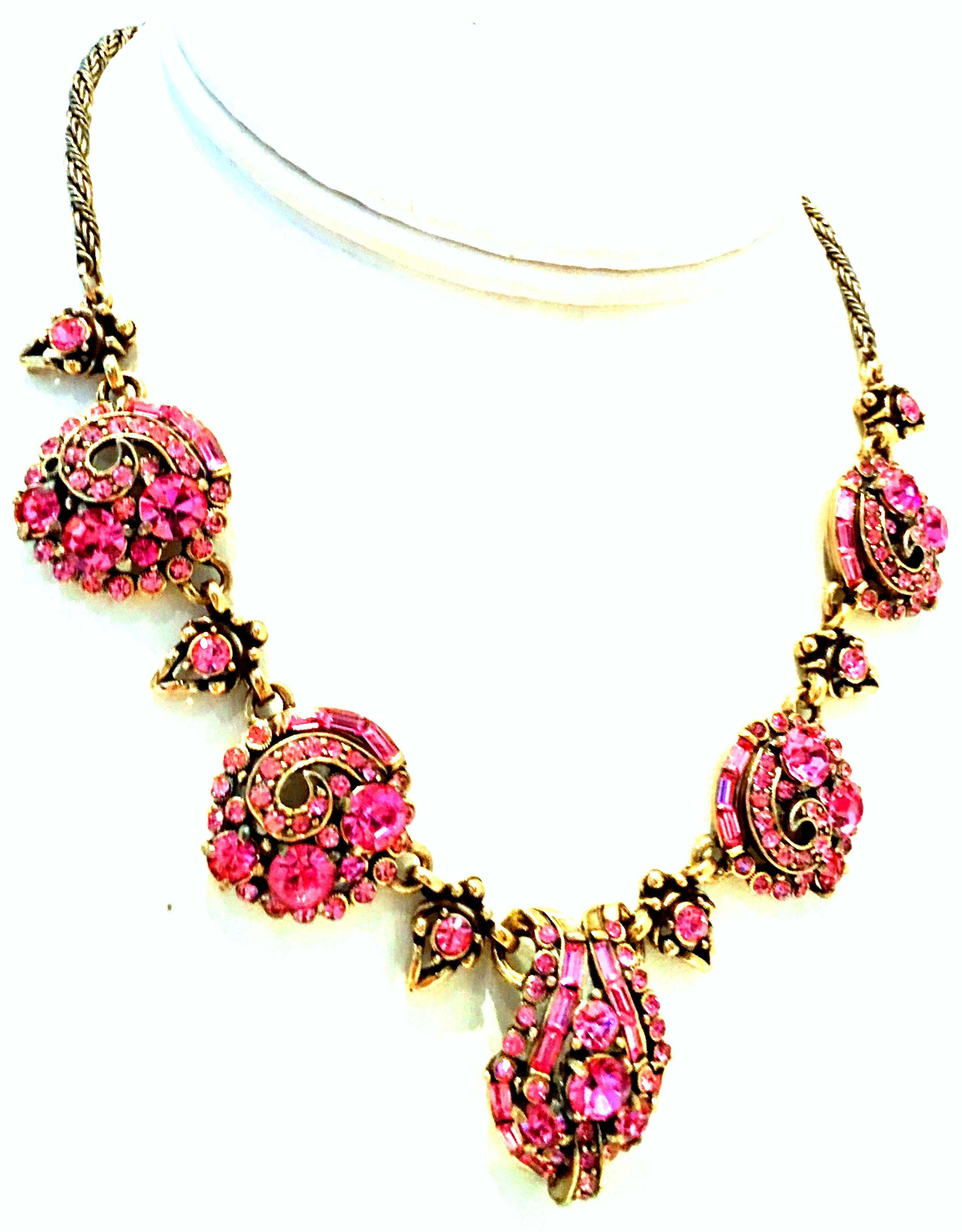 1955 Art Deco Style Gold & Sapphire Pink Austrian Crystal Link Choker Necklace By, Hollycraft Corporation. This magnificent and finely crafted collectors 