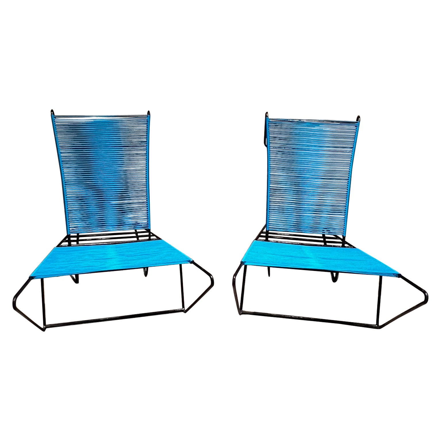 For your consideration, a pair of Lounge Chairs , attributed to Arturo Pani Custom Blue Mexico City circa the 1950s
New blue seat rope and metal painted in black. 
Unmarked
Dimensions, 58.5 long x 29 w x 35.75 h Seat 13.5 h 23 d
Preowned vintage