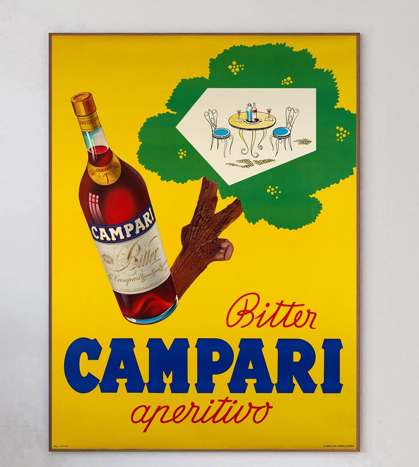 Campari was formed in 1860 by Gaspare Campari and the aperitif is as popular today as ever. His son, Davide Campari transformed the company in 1926 into what it is widely known for today. This gorgeous lithographic poster was created in 1955 with