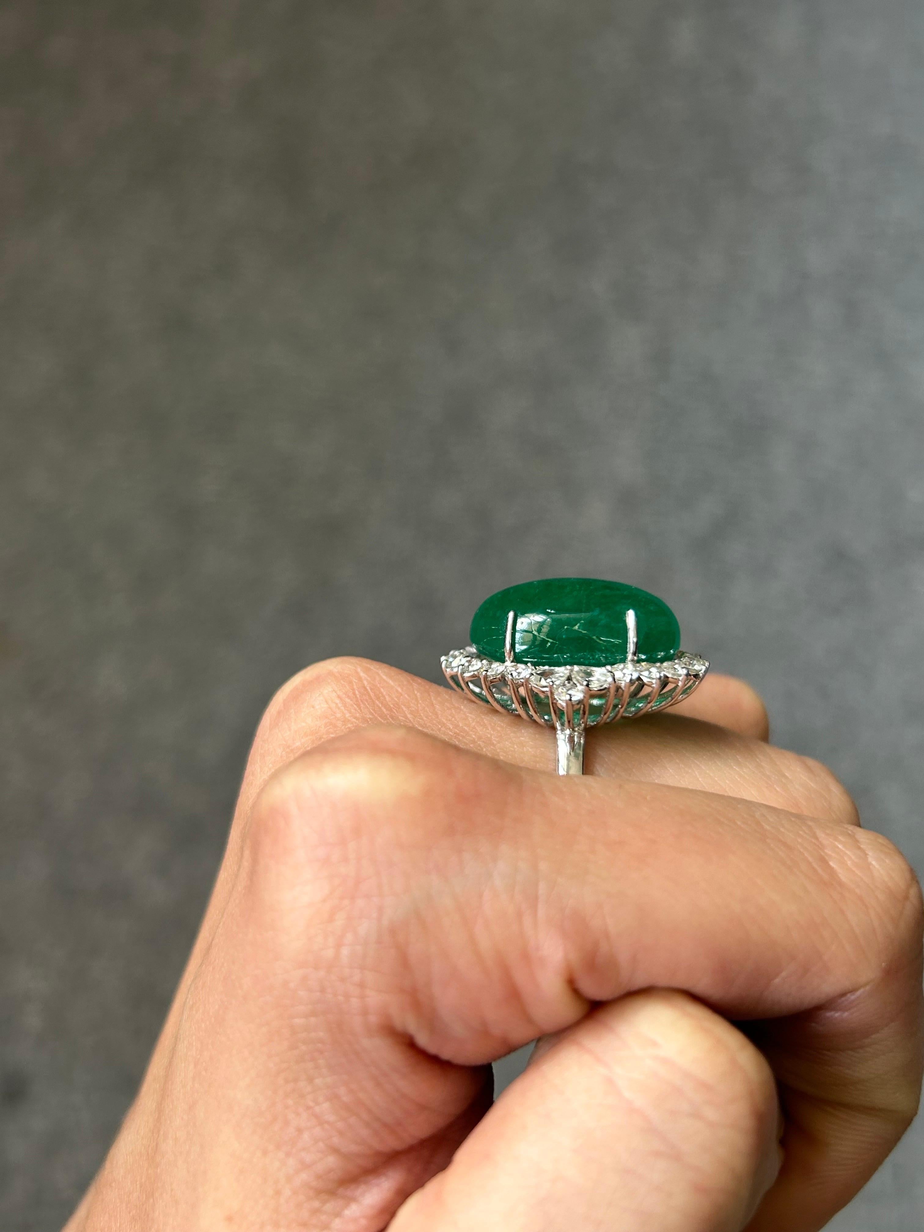 Art Deco 19.55 Carat Emerald Cabochon and Diamond Cocktail Engagement Ring For Sale