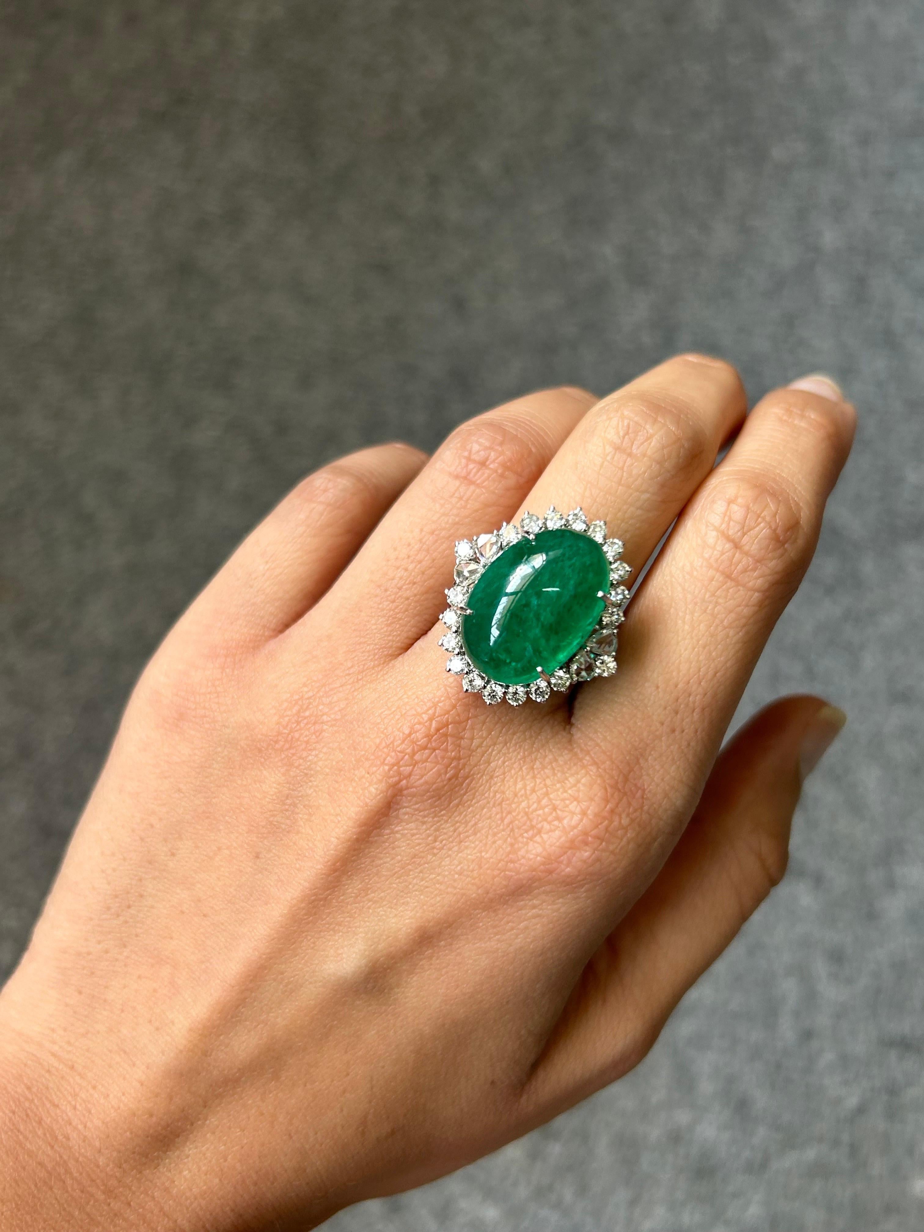 Women's 19.55 Carat Emerald Cabochon and Diamond Cocktail Engagement Ring For Sale