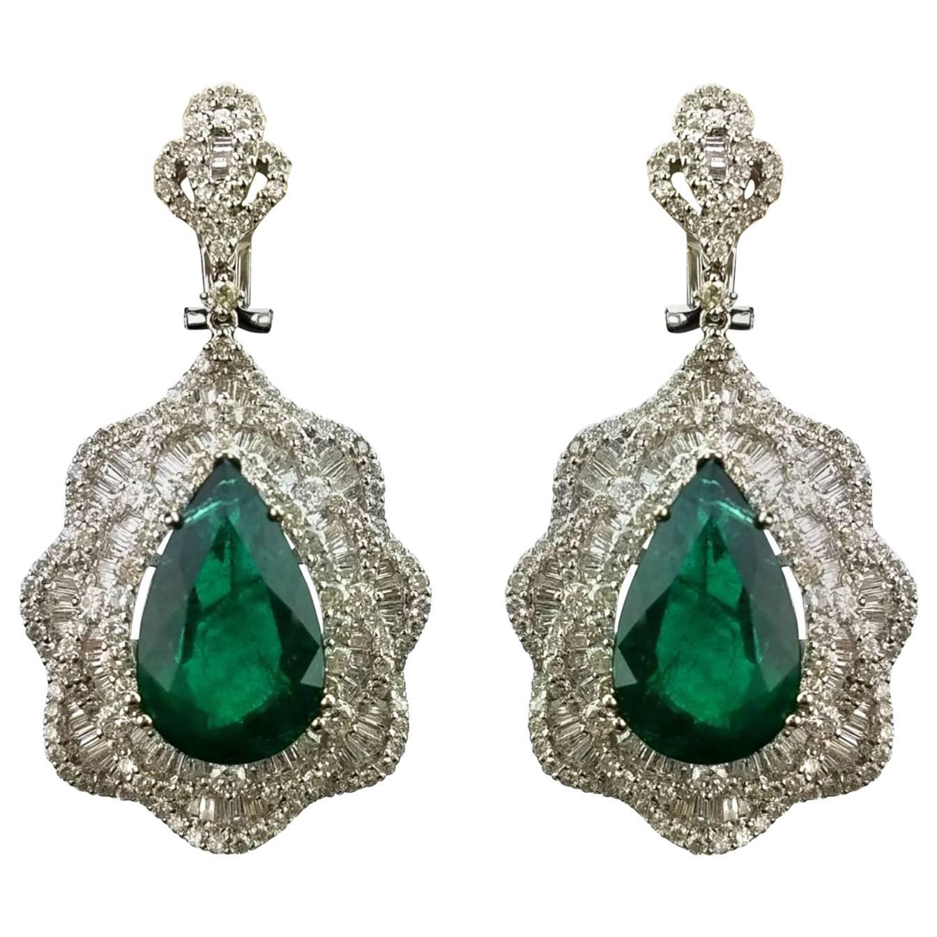 19.55 Carat Pear Shape Emerald and Diamond Dangling Earring