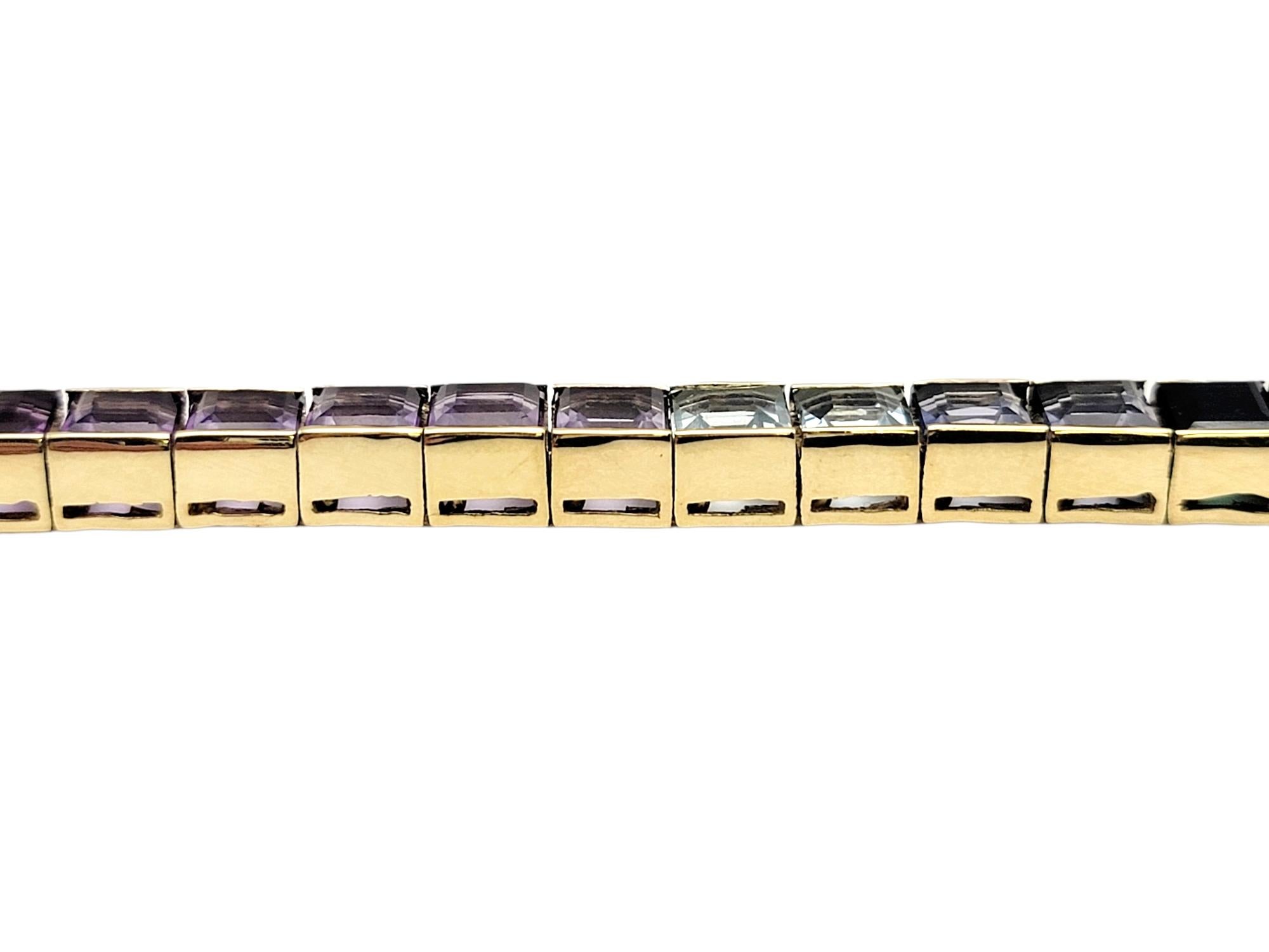 Square Cut 19.55 Carats Total Rainbow Multi-Gemstone Link Bracelet in 14 Karat Yellow Gold