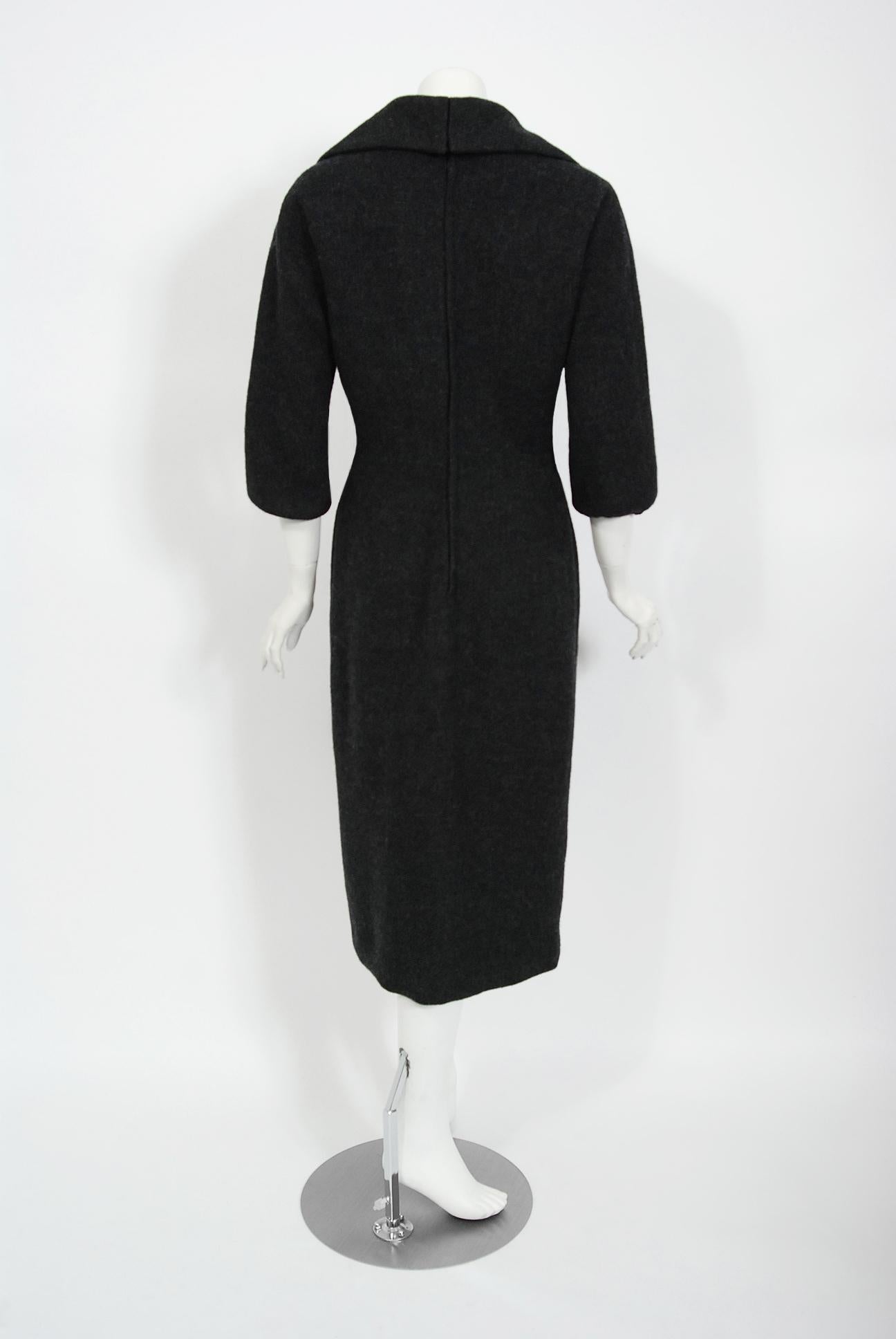 1955 Christian Dior Haute Couture Documented Charcoal-Gray Wool Sheath Dress  In Good Condition In Beverly Hills, CA
