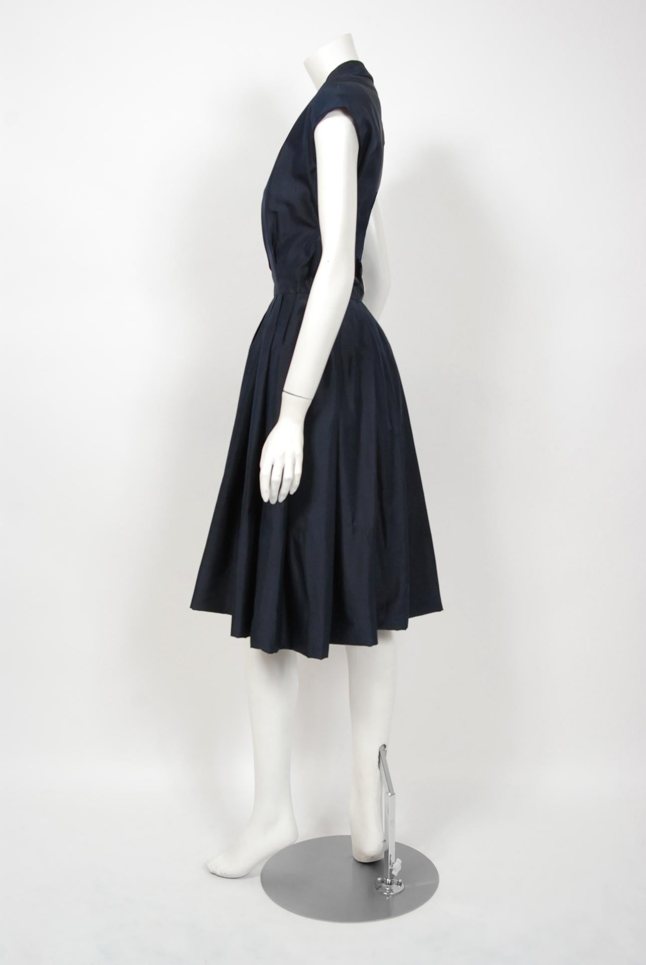 Black 1955 Christian Dior Lifetime Navy-Blue Silk Full Skirt Rhinestone New Look Dress