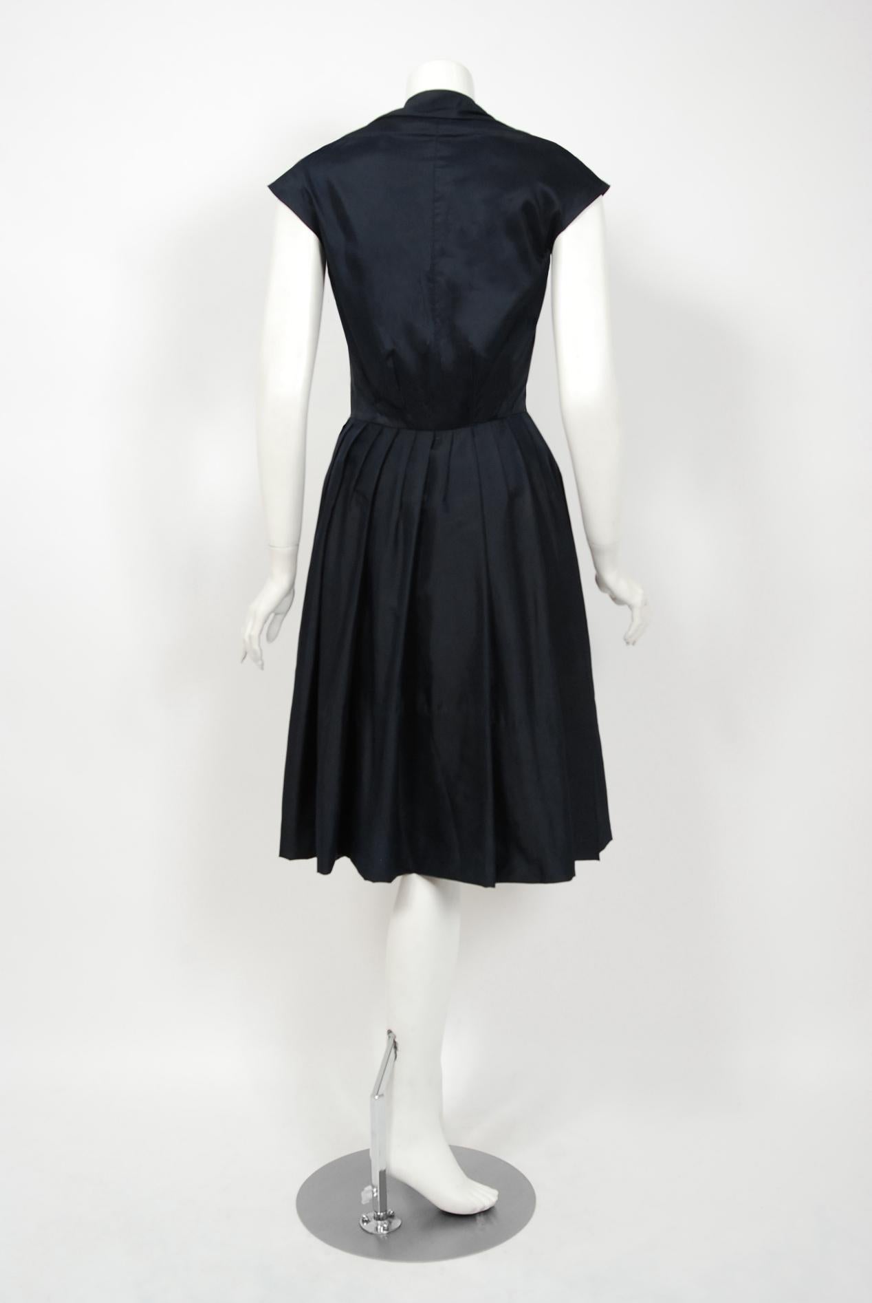 1955 Christian Dior Lifetime Navy-Blue Silk Full Skirt Rhinestone New Look Dress In Good Condition In Beverly Hills, CA