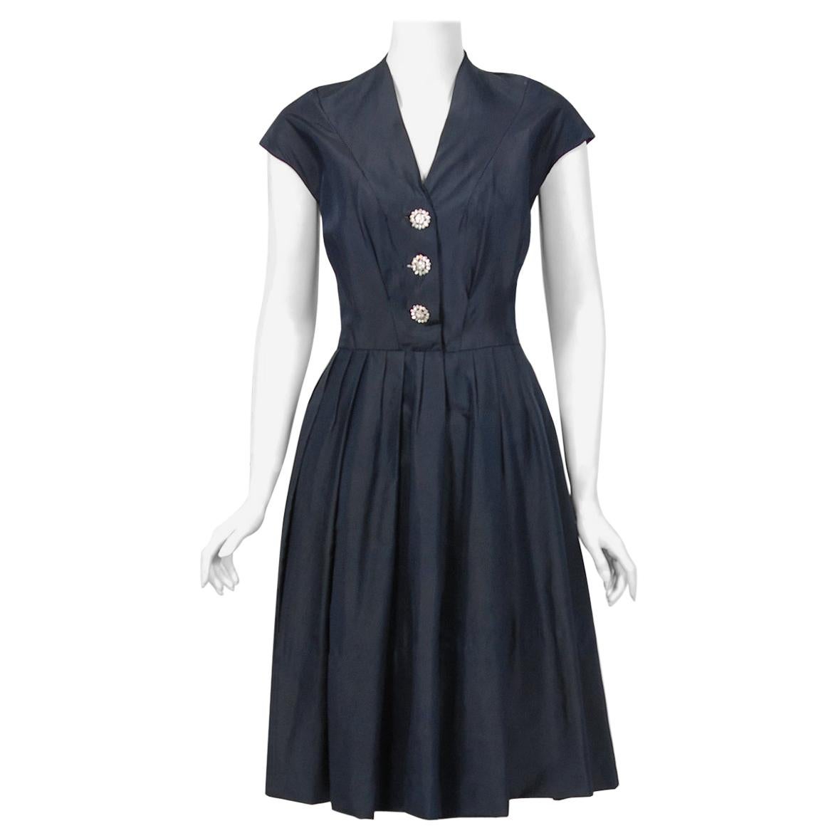 1955 Christian Dior Lifetime Navy-Blue Silk Full Skirt Rhinestone New Look Dress