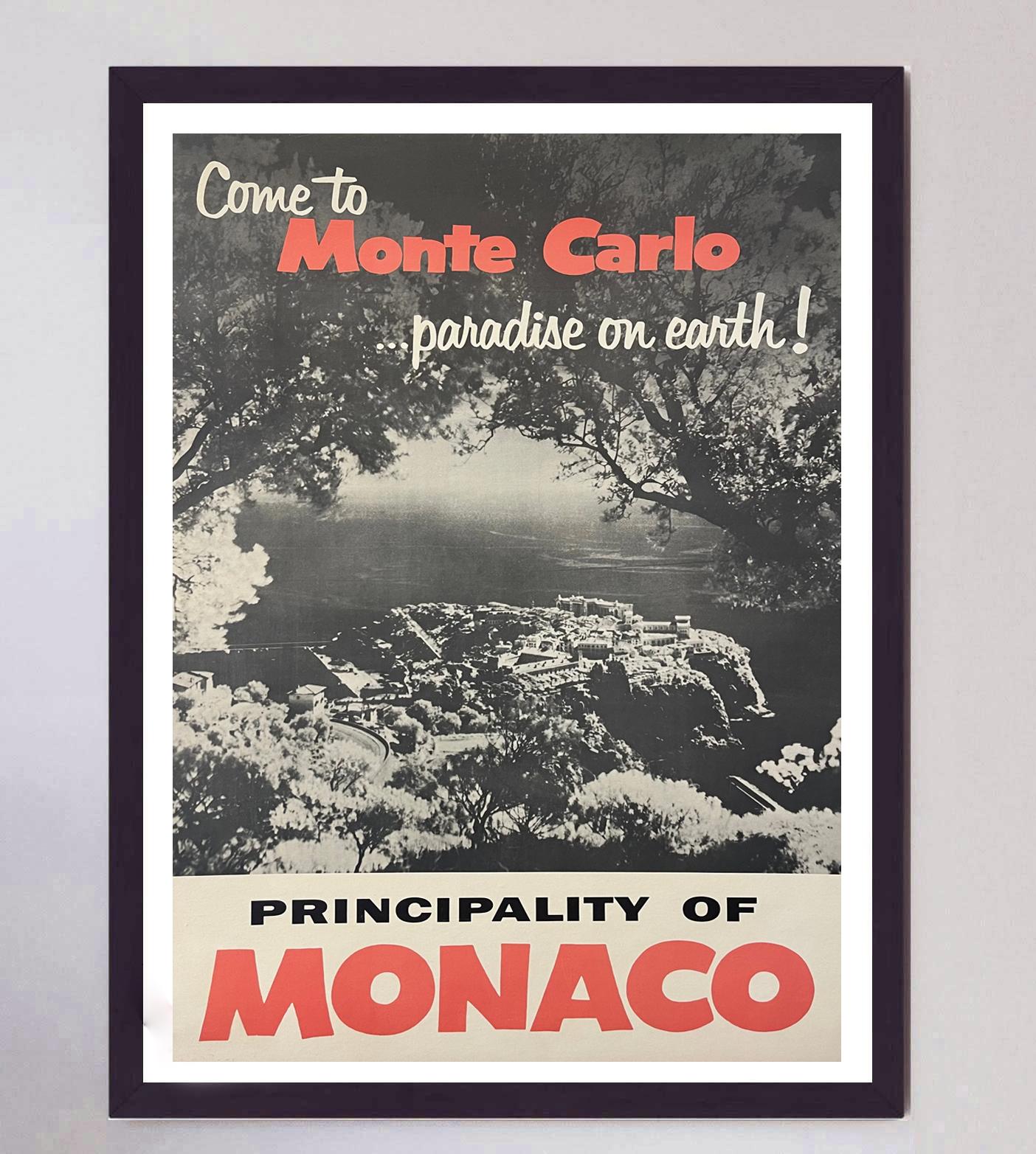 Absolutely stunning poster promoting the area of Monte-Carlo in Monaco from 1955. This mid-century piece has timeless class with a monochrome photograph of the coastal region with the text 