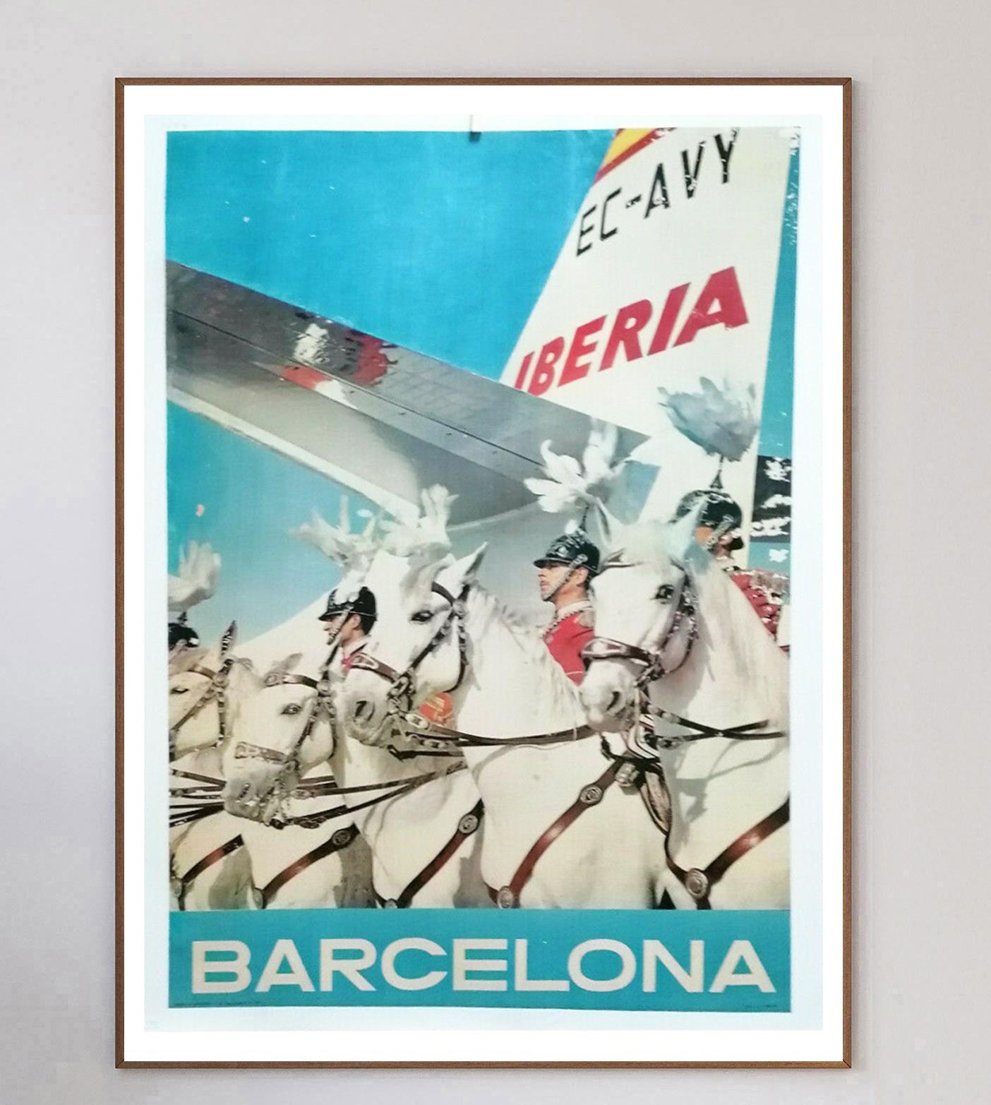 Beautiful poster from 1955 promoting Iberia airlines routes to Barcelona, Spain. The Spanish airline was founded in 1927 and continues strong to this day. With artwork depicting a sunny blue sky, Iberia plane and regal white horses, this attractive