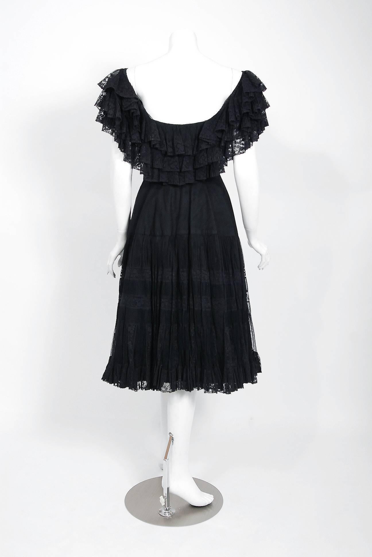 1955 Jacques Fath Haute-Couture Black Tiered Ruffle Lace Full Pleated Dress  In Excellent Condition In Beverly Hills, CA