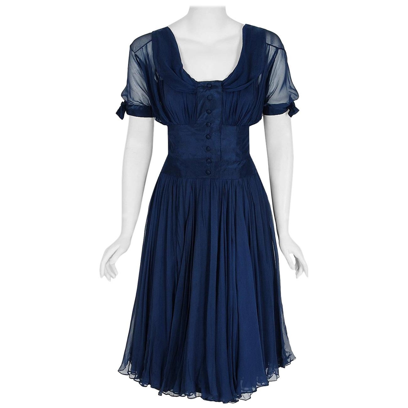 1955 Jean Desses Haute Couture Navy Blue Silk Chiffon Shelf-Bust Sculpted Dress