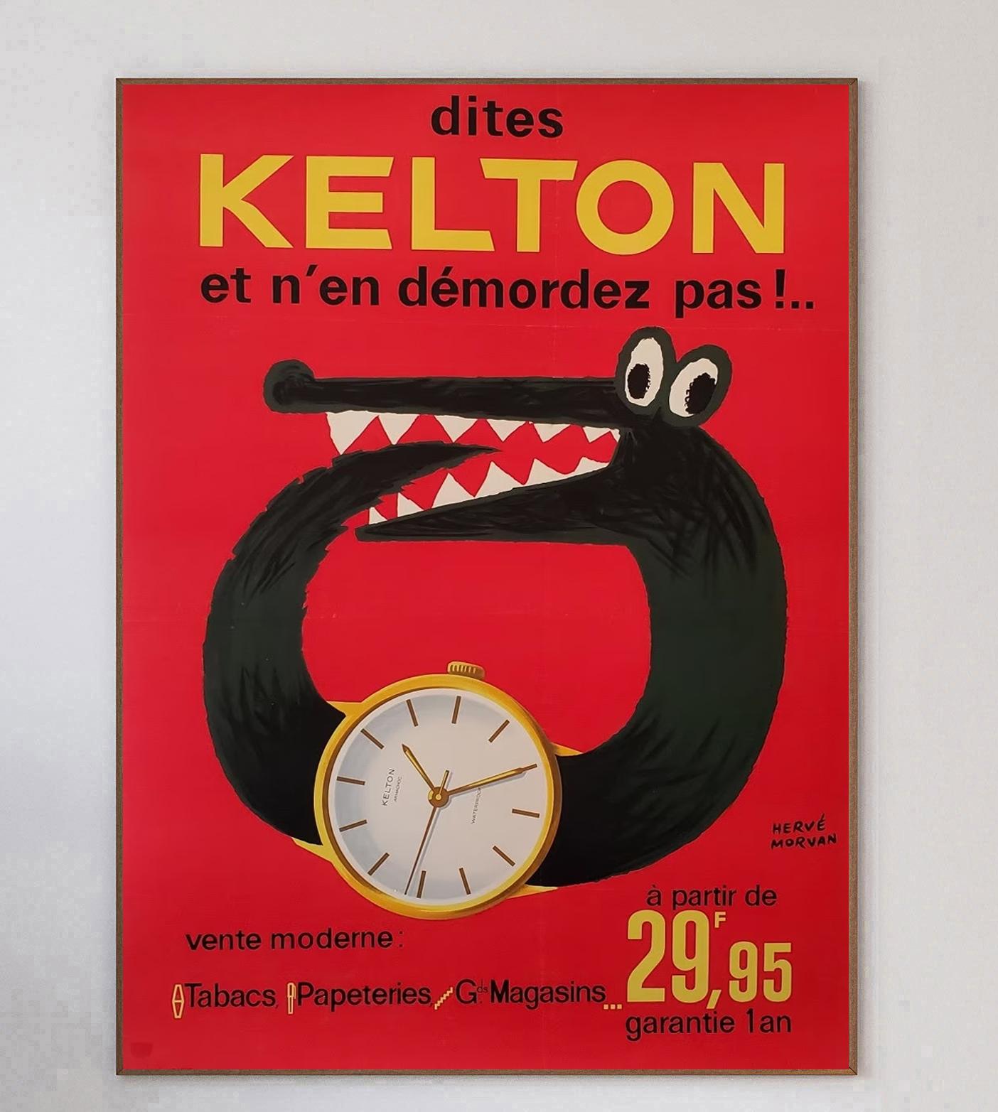 Charming poster for Kelton watches created in 1955. Founded in 1955, French watchmaker Kelton still continues to this day. 

With wonderful artwork from esteemed French painter Herve Morvan depicting a watch stylised as a crocodile eating its tail,