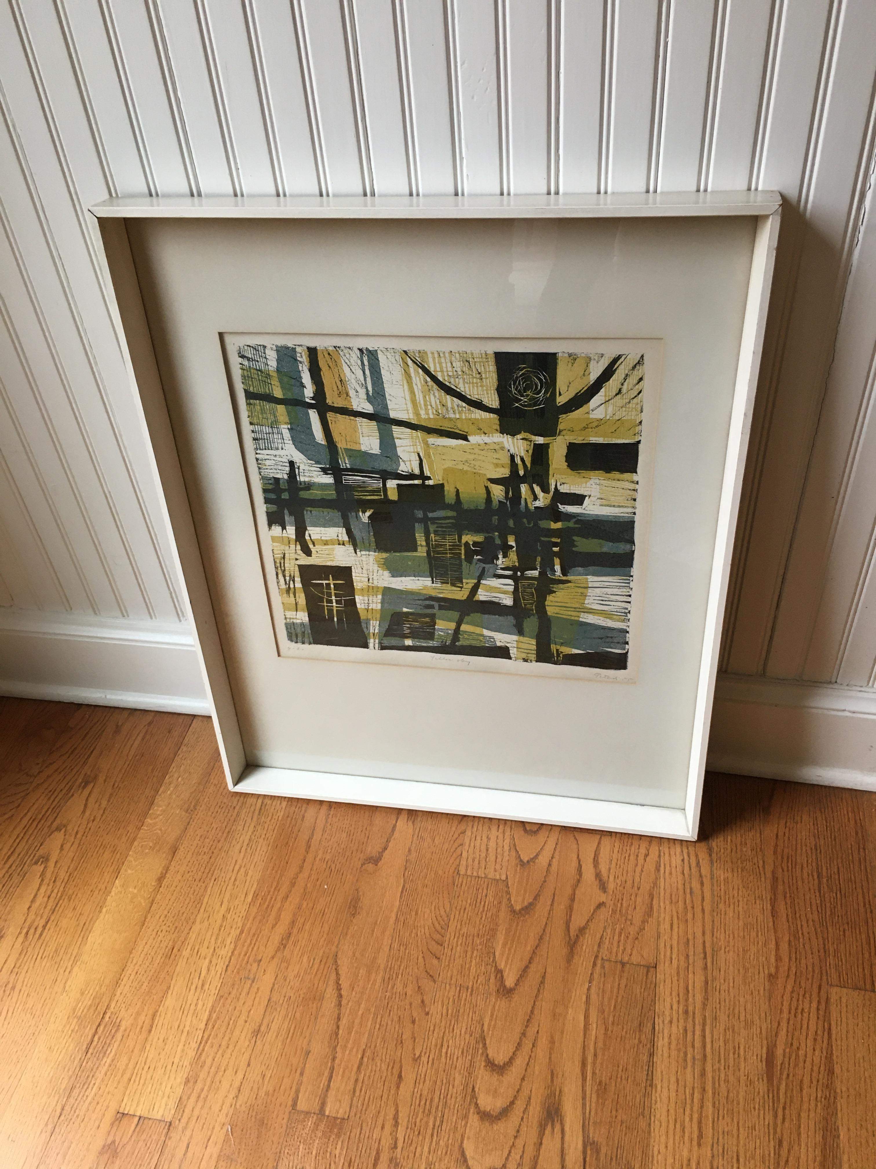 “Yellow Sky”, a woodcut with four colors by Gabor Peterdi. 1955 In Good Condition For Sale In Chicago, IL