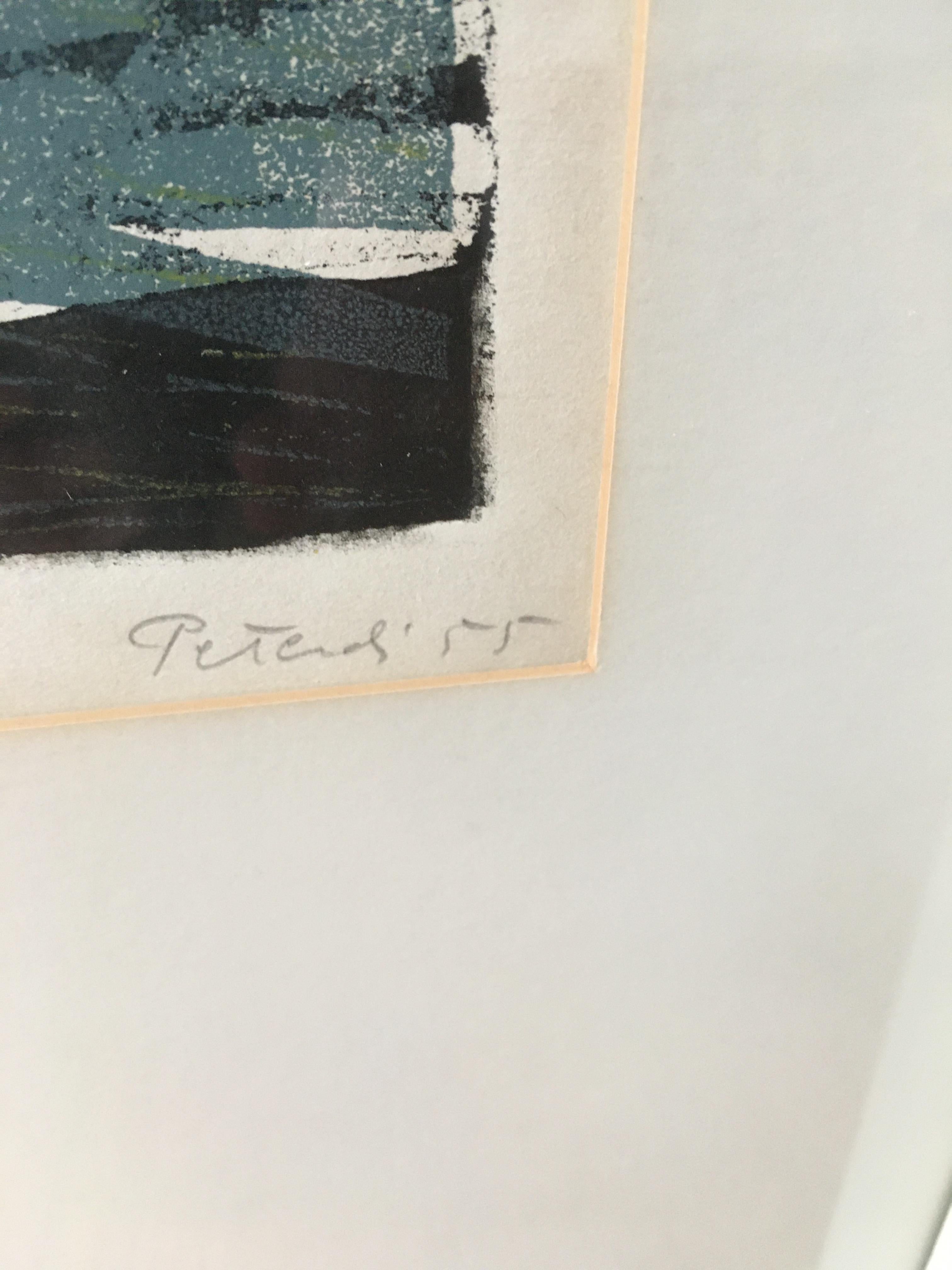 Gelber Himmel, ein Holzschnitt mit vier Farben von Gabor Peterdi. 1955 (Mitte des 20. Jahrhunderts) im Angebot
