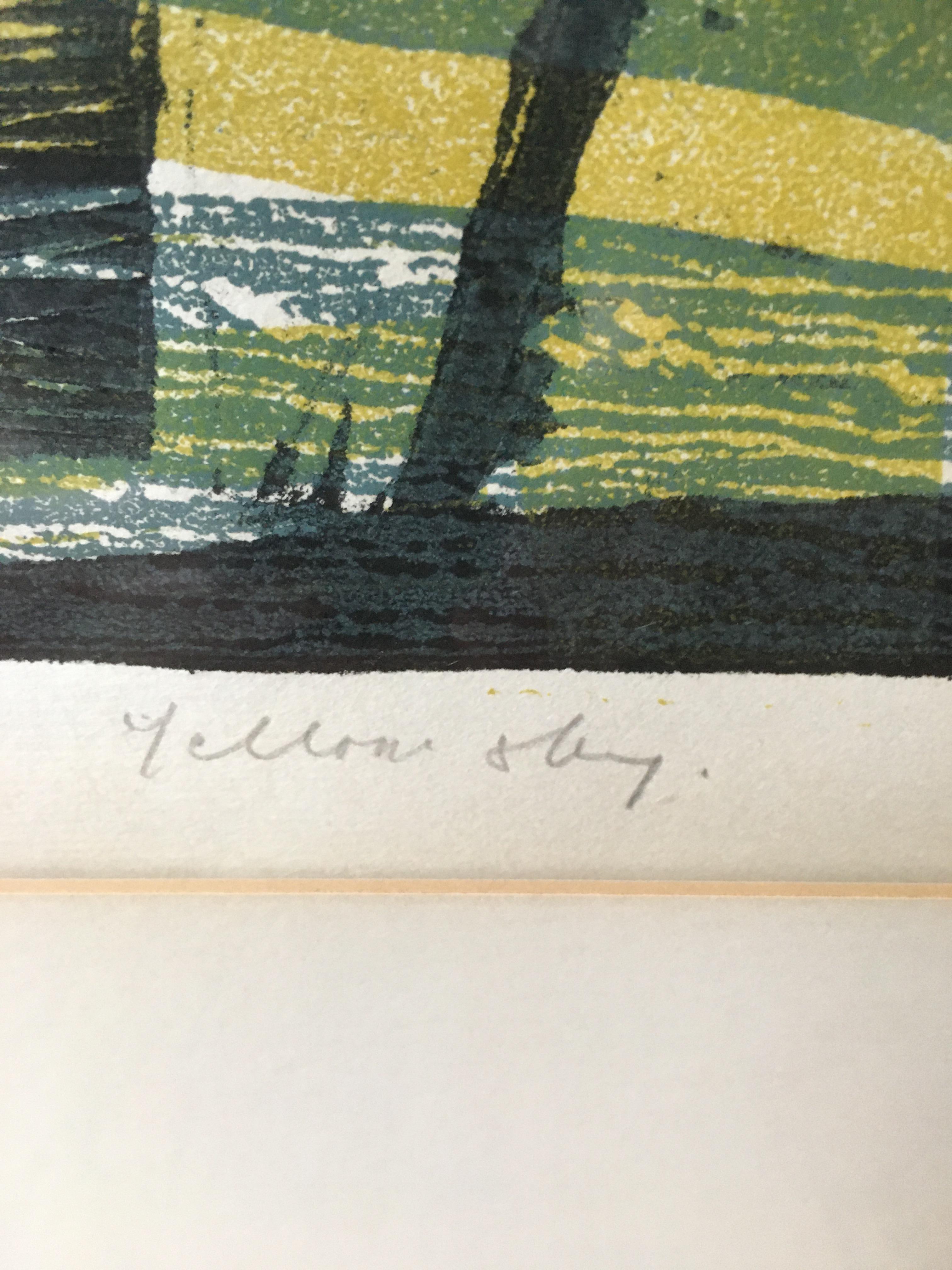 Glass “Yellow Sky”, a woodcut with four colors by Gabor Peterdi. 1955 For Sale