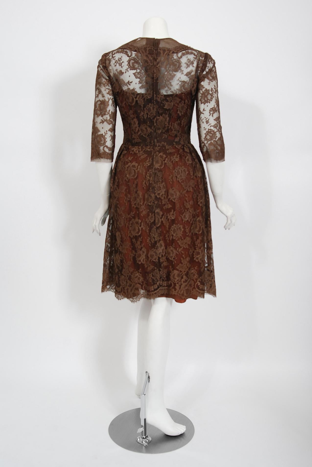 Black Vintage 1955 Maggy Rouff Haute Couture Brown Sheer Illusion Chantilly Lace Dress