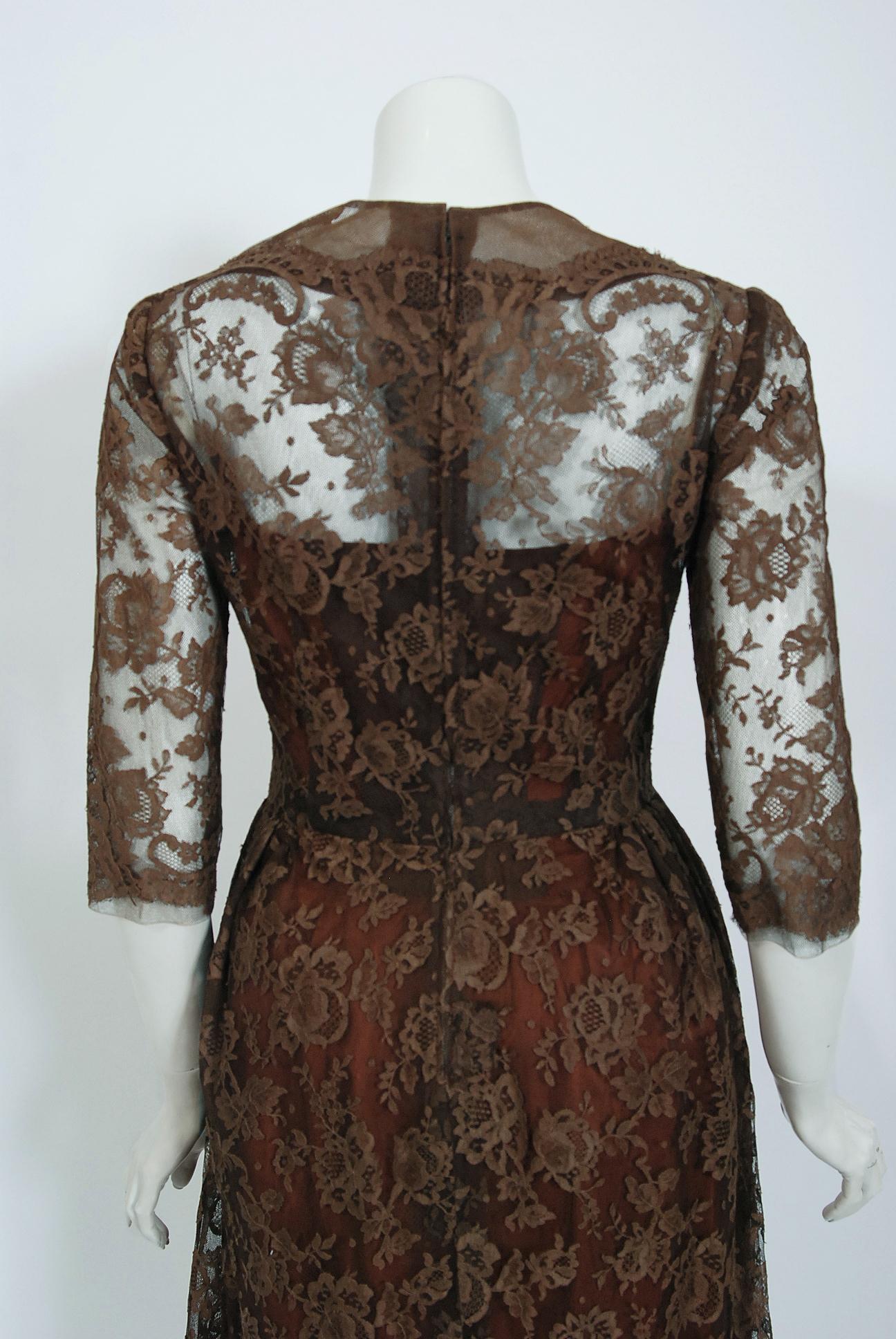Vintage 1955 Maggy Rouff Haute Couture Brown Sheer Illusion Chantilly Lace Dress In Good Condition In Beverly Hills, CA