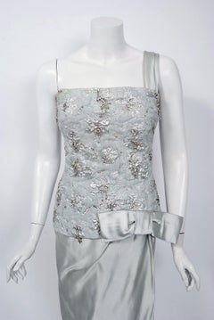 1955 Maggy Rouff Haute Couture Ice Blue Beaded Metallic Silk One-Shoulder Gown