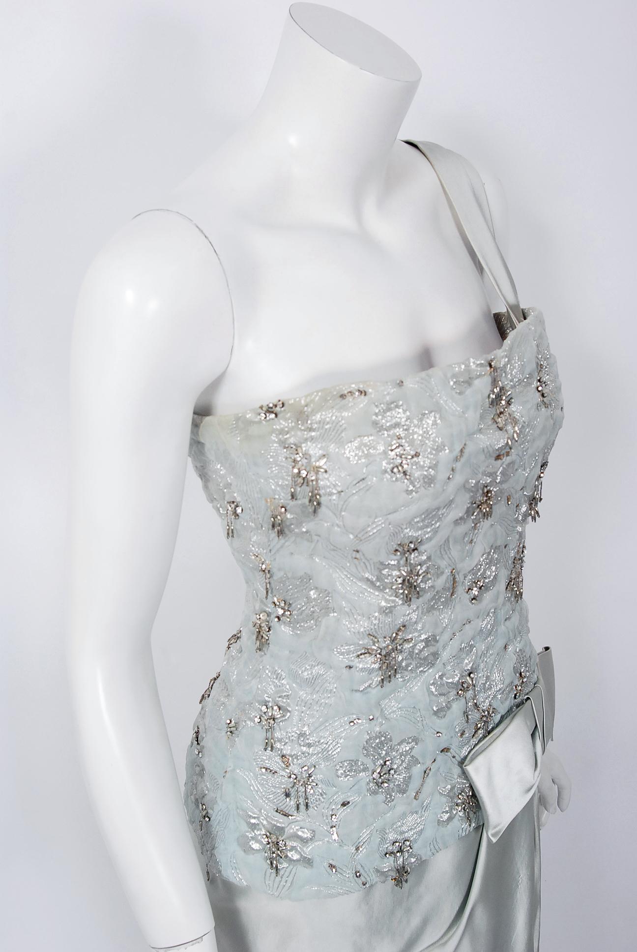 1955 Maggy Rouff Haute Couture Ice Blue Beaded Metallic Silk One-Shoulder Gown In Good Condition In Beverly Hills, CA