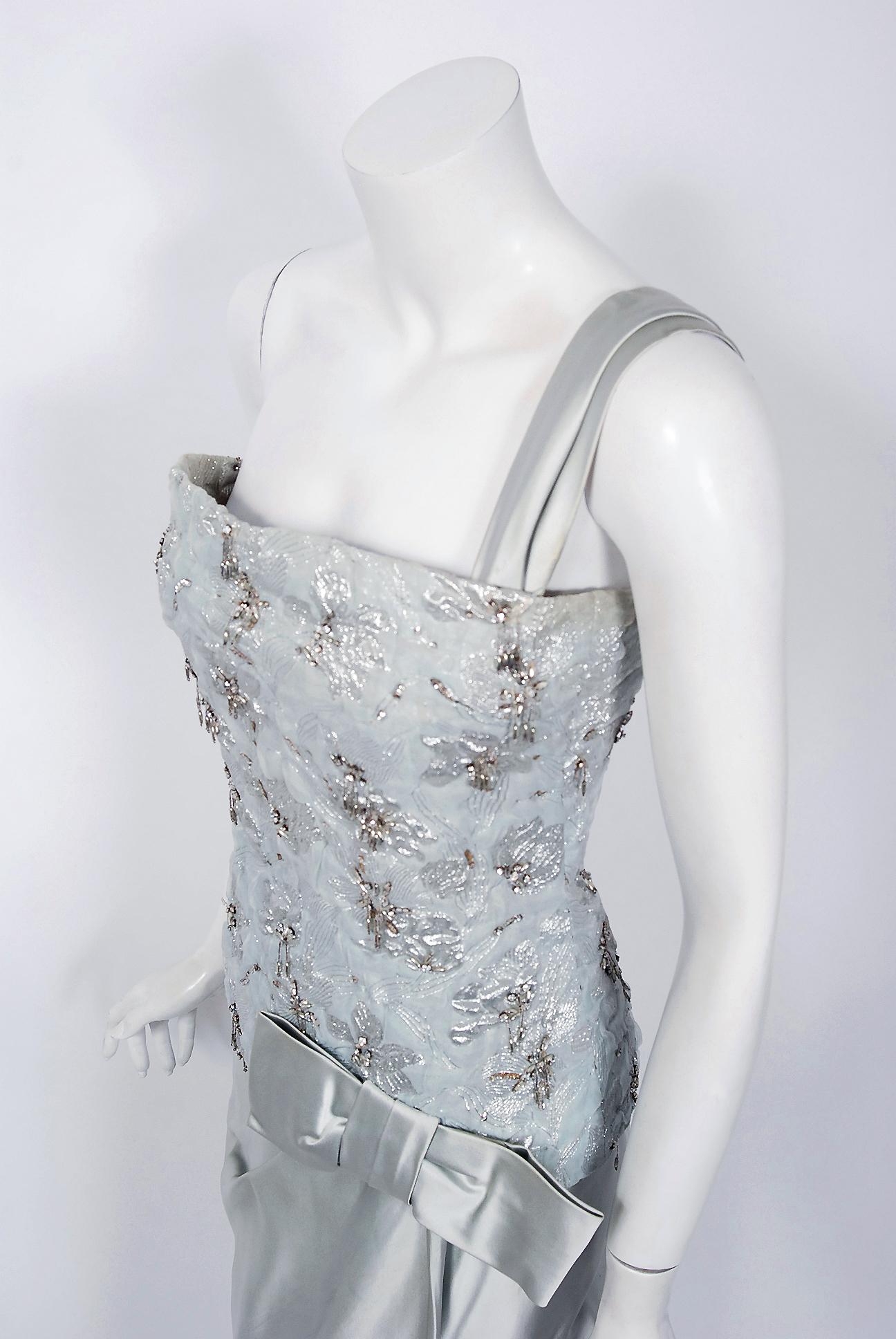 Women's 1955 Maggy Rouff Haute Couture Ice Blue Beaded Metallic Silk One-Shoulder Gown