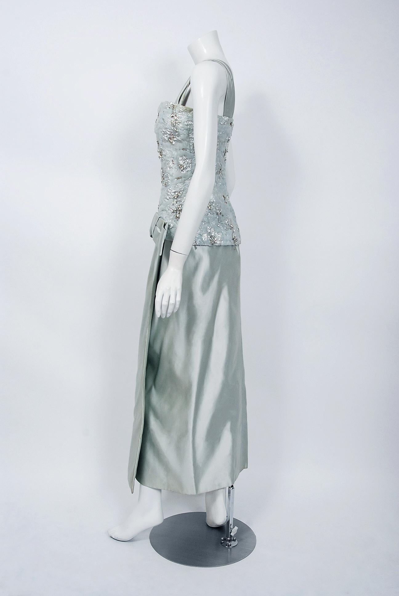 1955 Maggy Rouff Haute Couture Ice Blue Beaded Metallic Silk One-Shoulder Gown 2