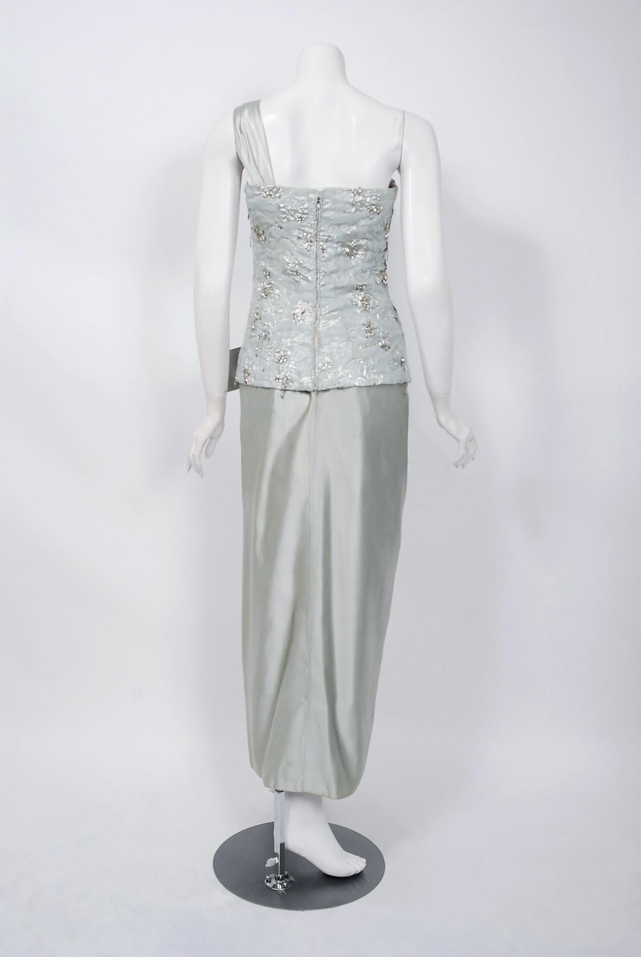 1955 Maggy Rouff Haute Couture Ice Blue Beaded Metallic Silk One-Shoulder Gown 3