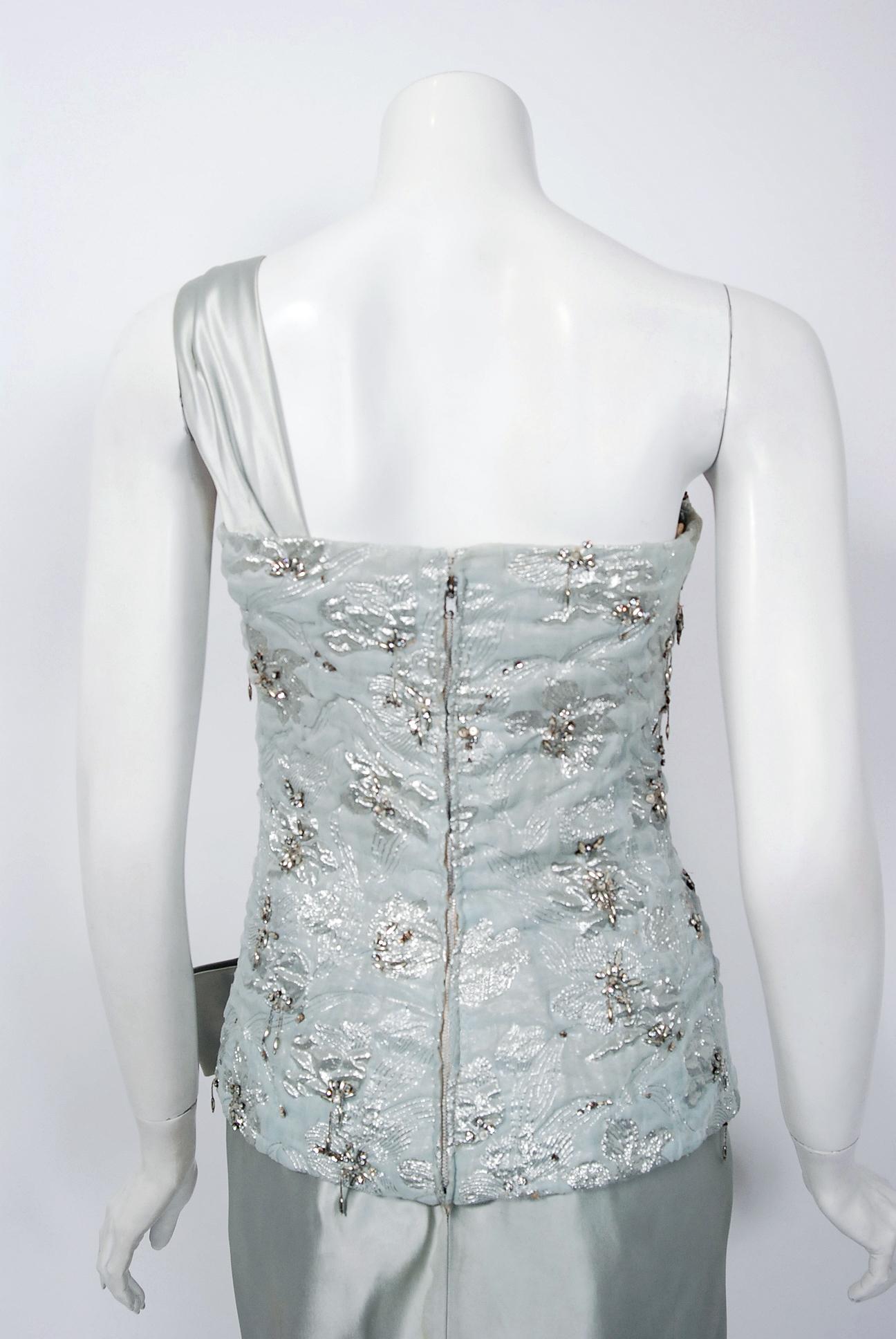 1955 Maggy Rouff Haute Couture Ice Blue Beaded Metallic Silk One-Shoulder Gown 4