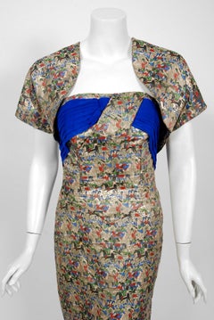1955 Maxwell Shieff Couture Novelty Warrior-Print Lamé Strapless Dress & Bolero
