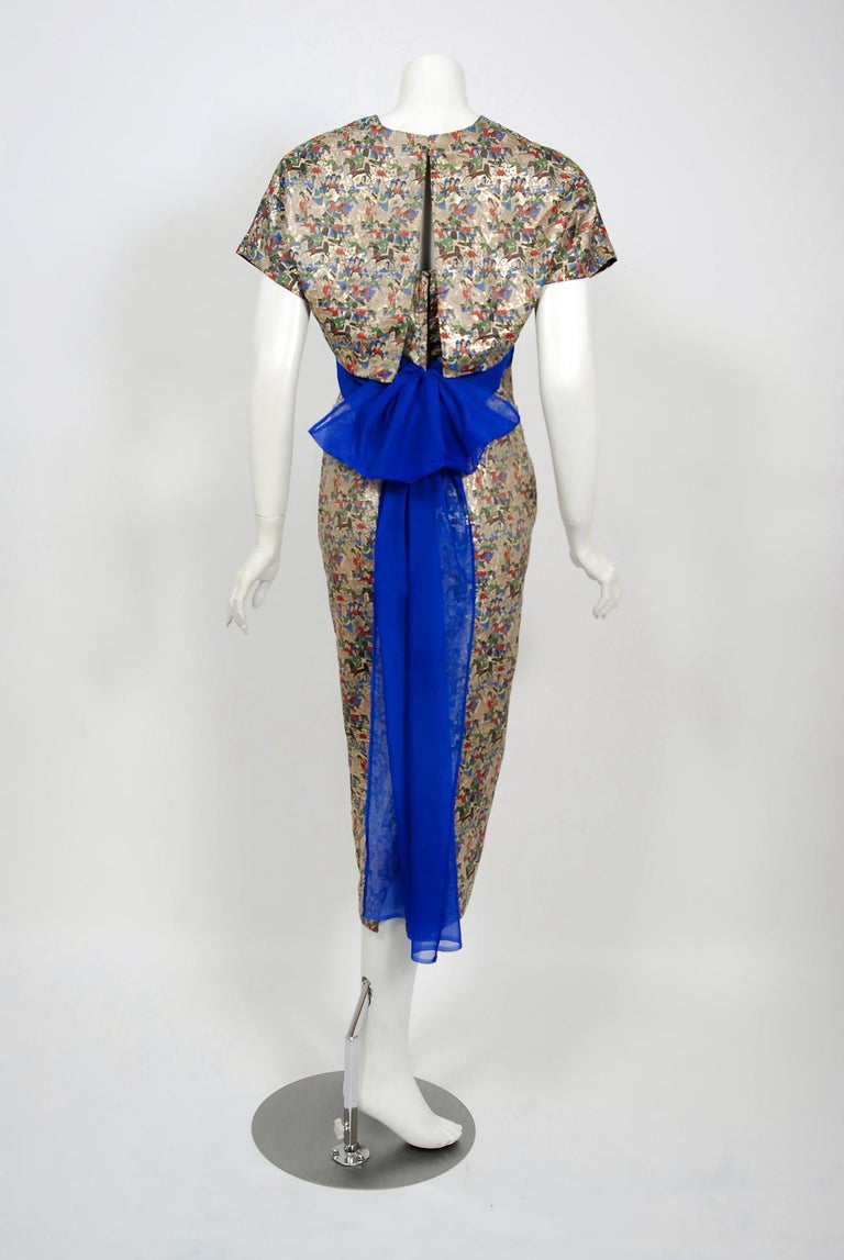 1955 Maxwell Shieff Couture Novelty WarriorPrint Lamé Strapless Dress