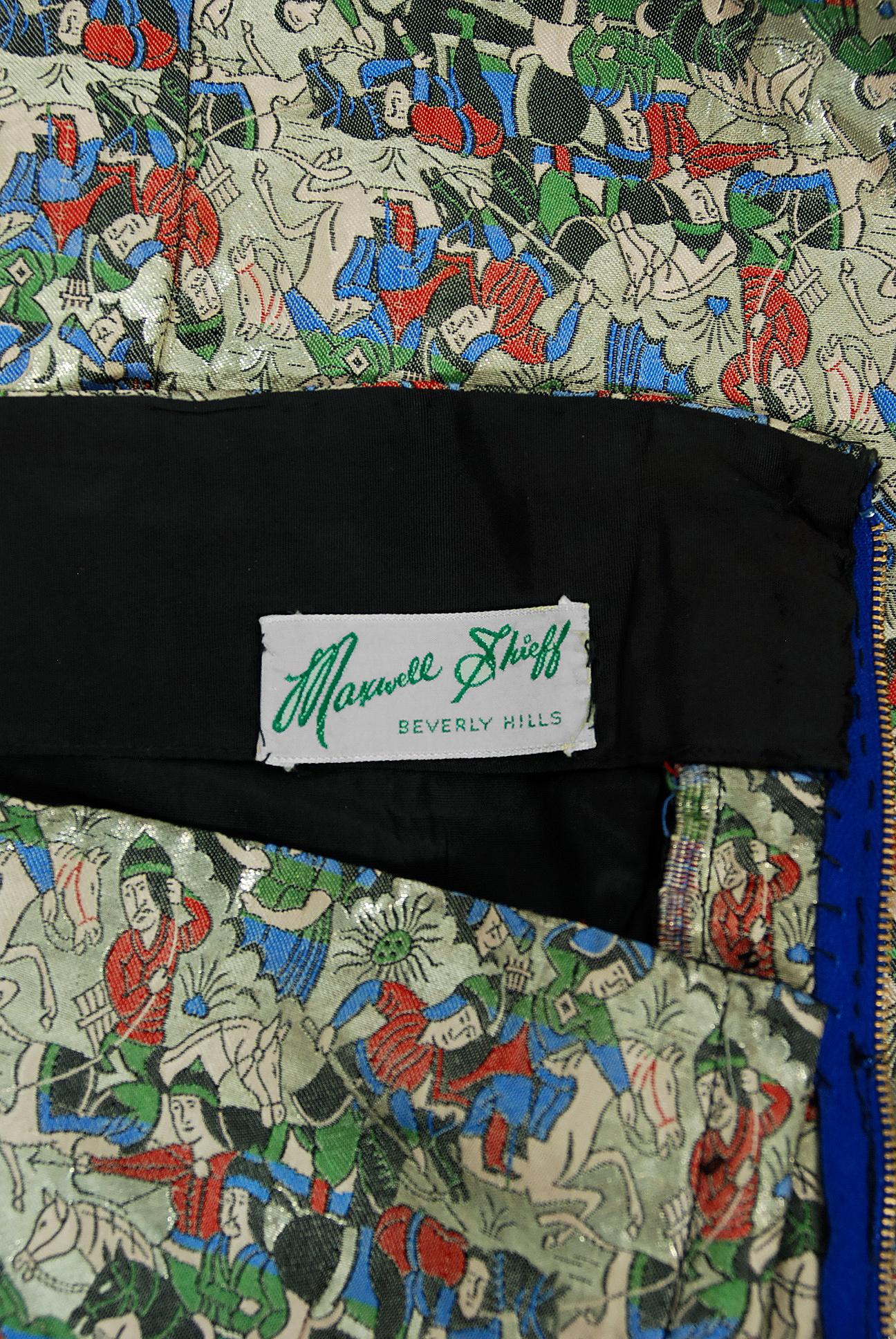 1955 Maxwell Shieff Couture Novelty Warrior-Print Lamé Strapless Dress ...
