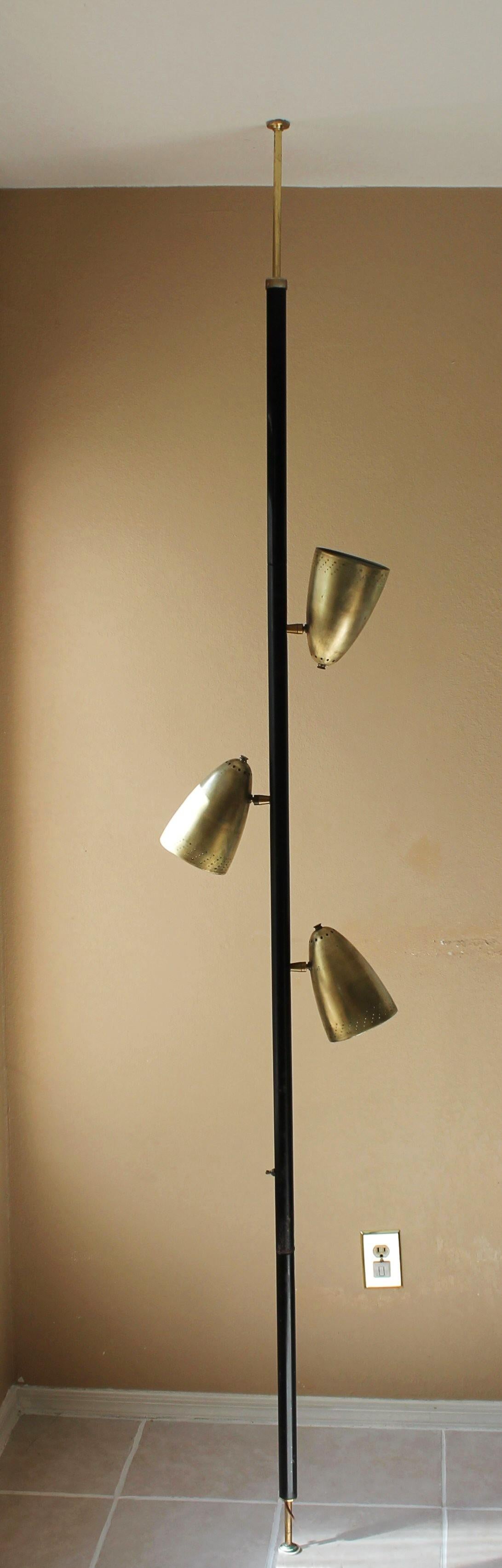 1955! Mid Century Modern Tension Pole Lamp Brass Stiffel Era Starlight Shades For Sale 1