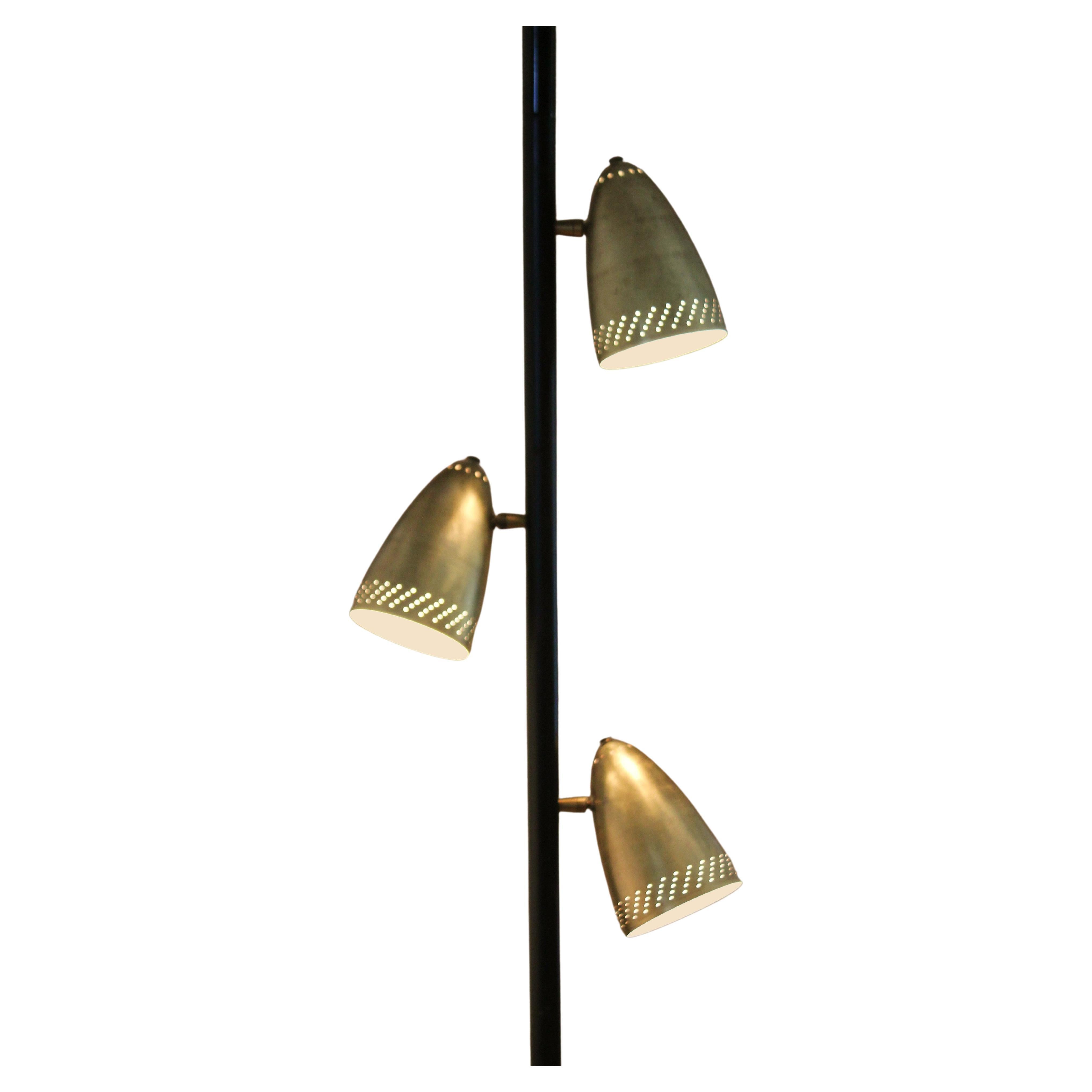 1955! Mid Century Modern Tension Pole Lamp Brass Stiffel Era Starlight Shades For Sale