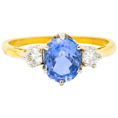 1955 Midcentury 1.70 Carat Sapphire Diamond 18 Karat Two Gold Three-Stone Ring