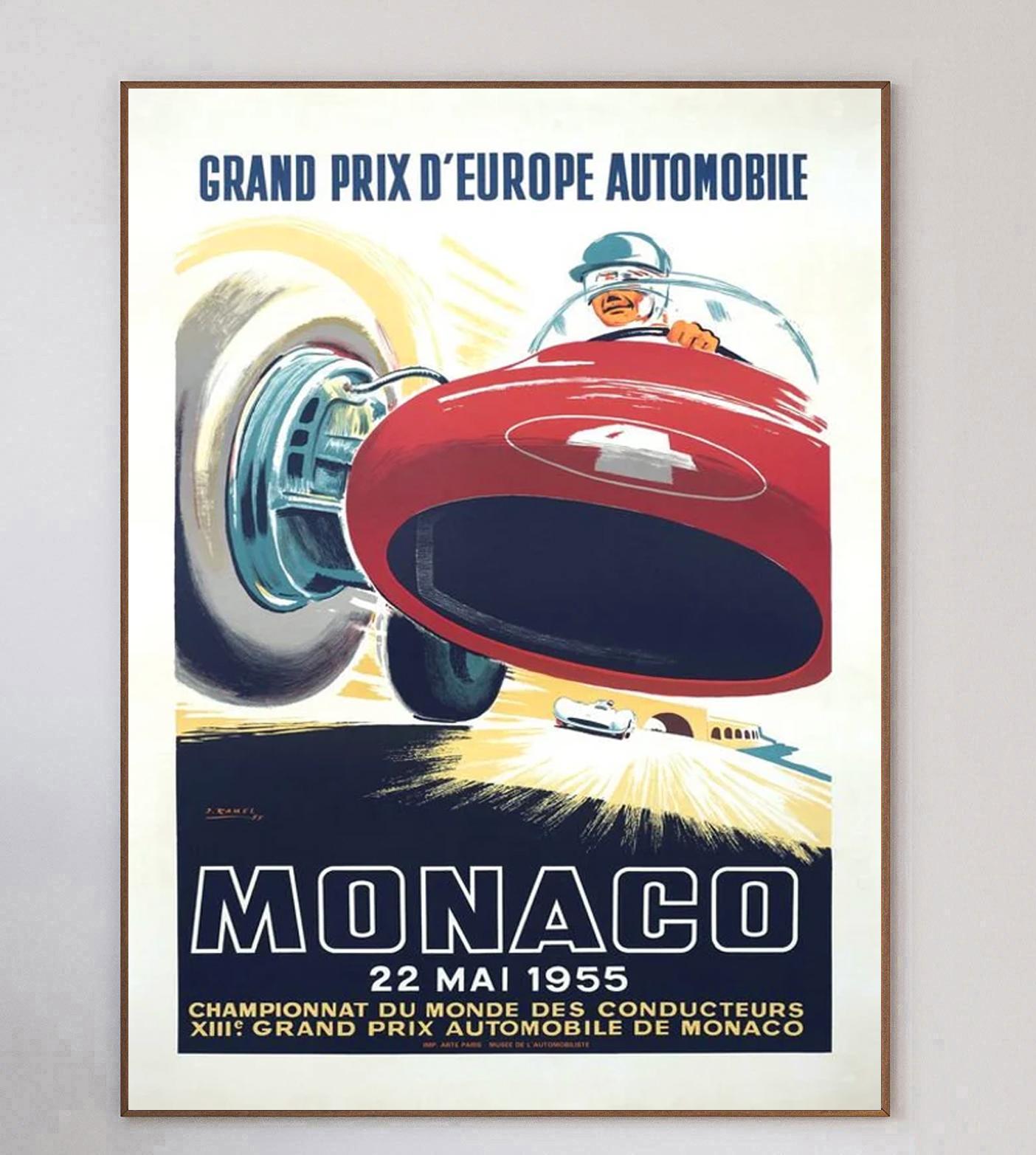 This poster is for the 1955 Monaco Grand Prix, with the brilliant illustration design by Jean Ramel. The image depicts a racing Ferrari, the previous years winner, and also the winner of the 1955 event.

This stunning art deco masterpiece is an