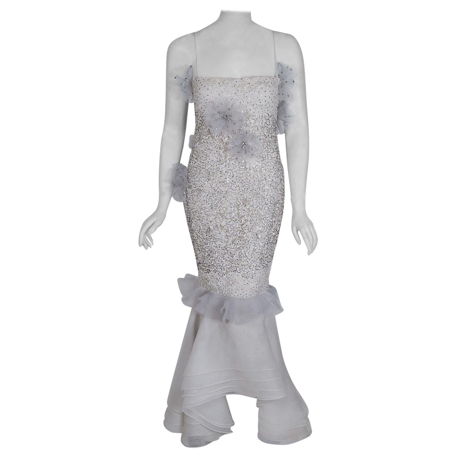 1955 Nina Ricci Paris Haute-Couture Weiß Strass Spitze Seide Meerjungfrau Kleid