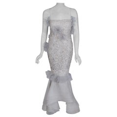 1955 Nina Ricci Paris Haute-Couture White Rhinestone Lace Silk Mermaid Gown