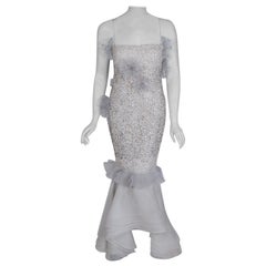 Retro 1955 Nina Ricci Paris Haute-Couture White Rhinestone Lace Silk Mermaid Gown