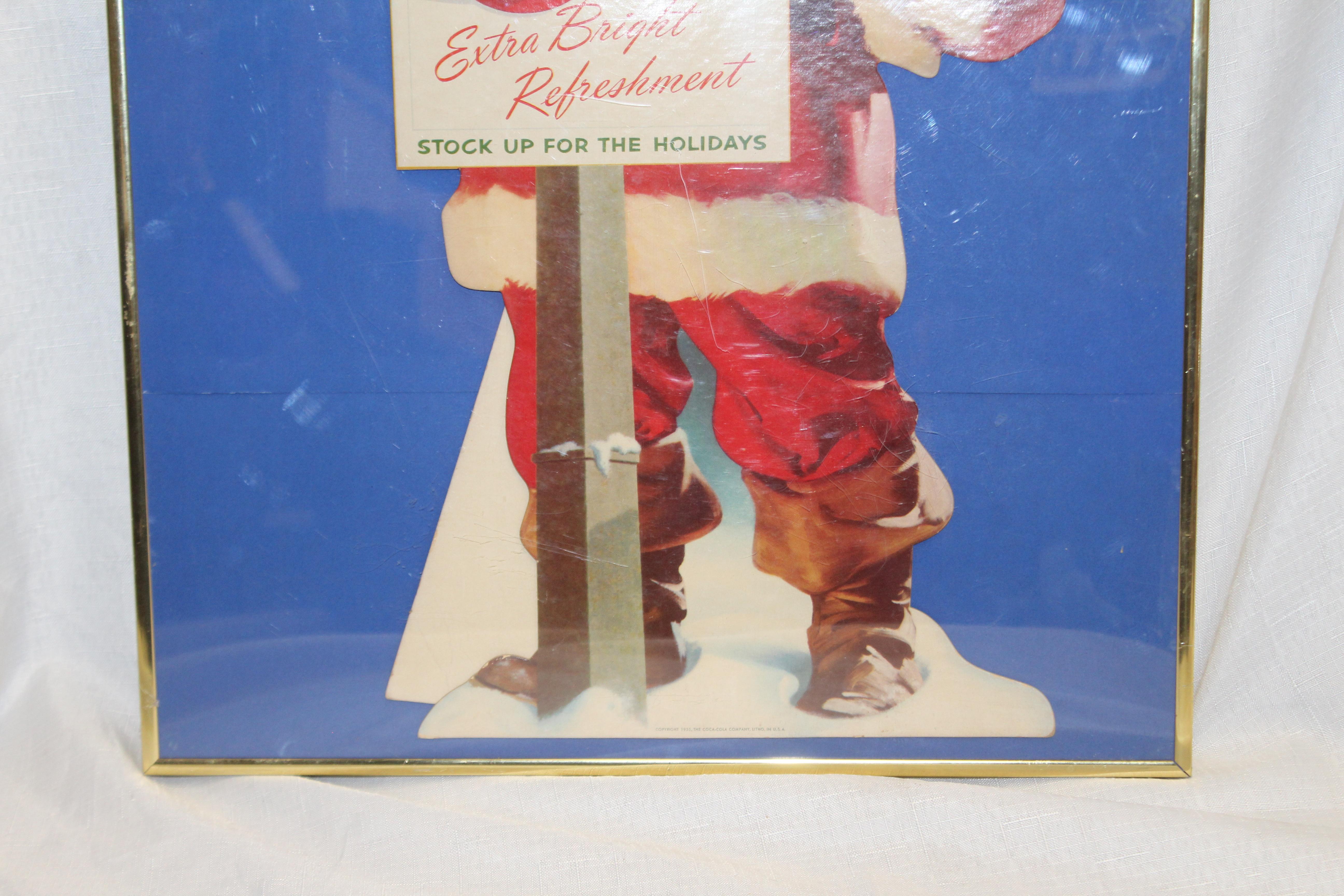 Mid-Century Modern 1955 Original Coca-Cola Santa Cardboard Cut-Out Advertising Framed For Sale