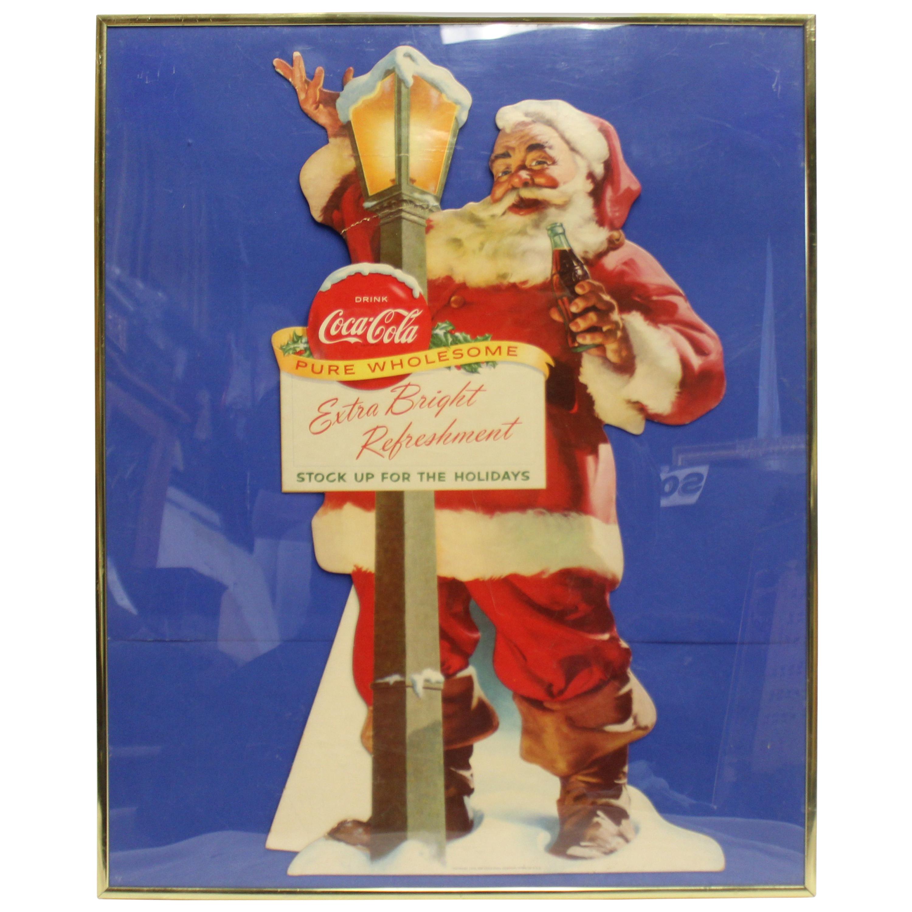 1955 Original Coca-Cola Santa Cardboard Cut-Out Advertising Framed For Sale