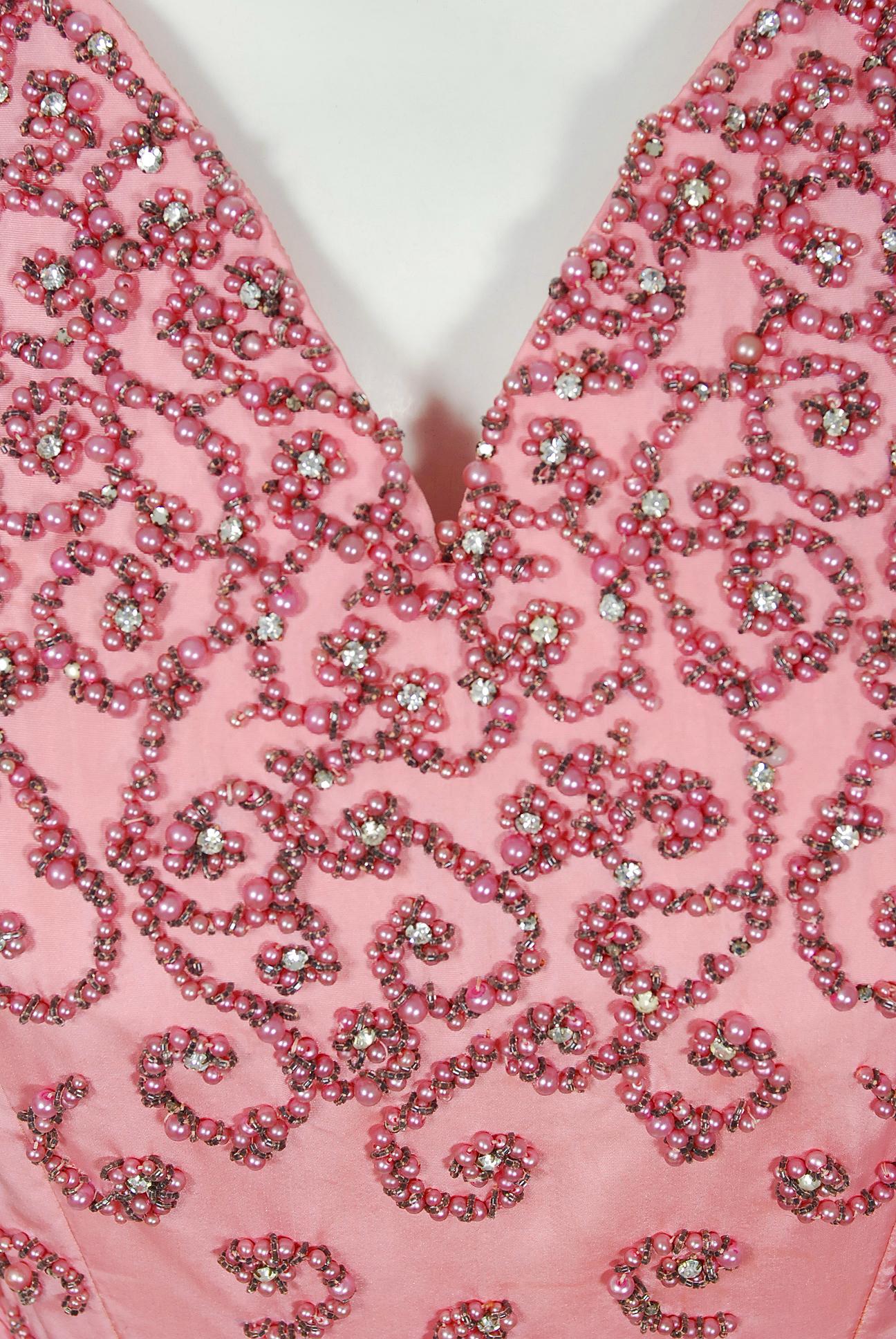 Vintage 1950s Pedro Rodriguez Couture Pink Beaded Silk Hourglass Trained Gown In Good Condition In Beverly Hills, CA