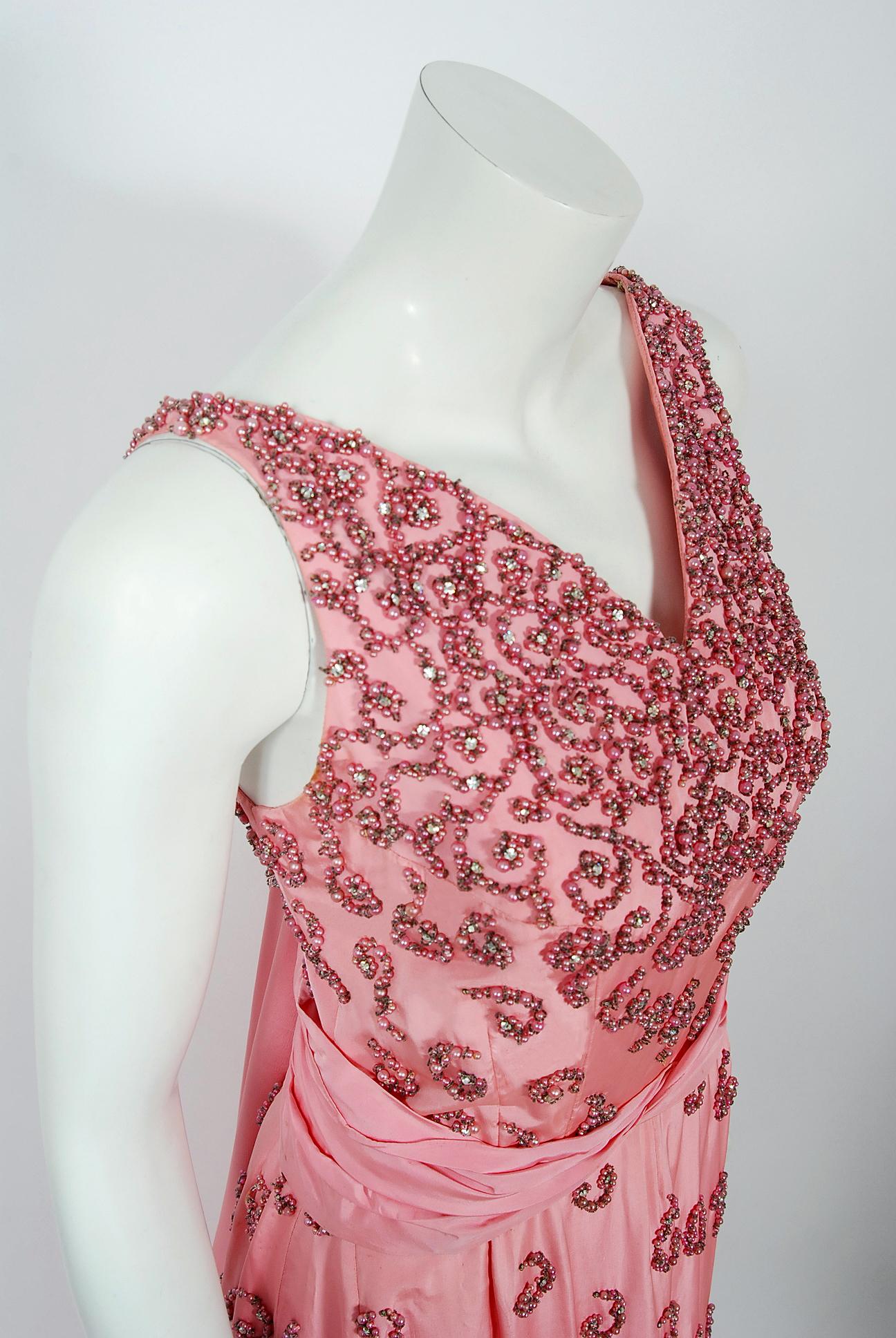 Women's Vintage 1950s Pedro Rodriguez Couture Pink Beaded Silk Hourglass Trained Gown
