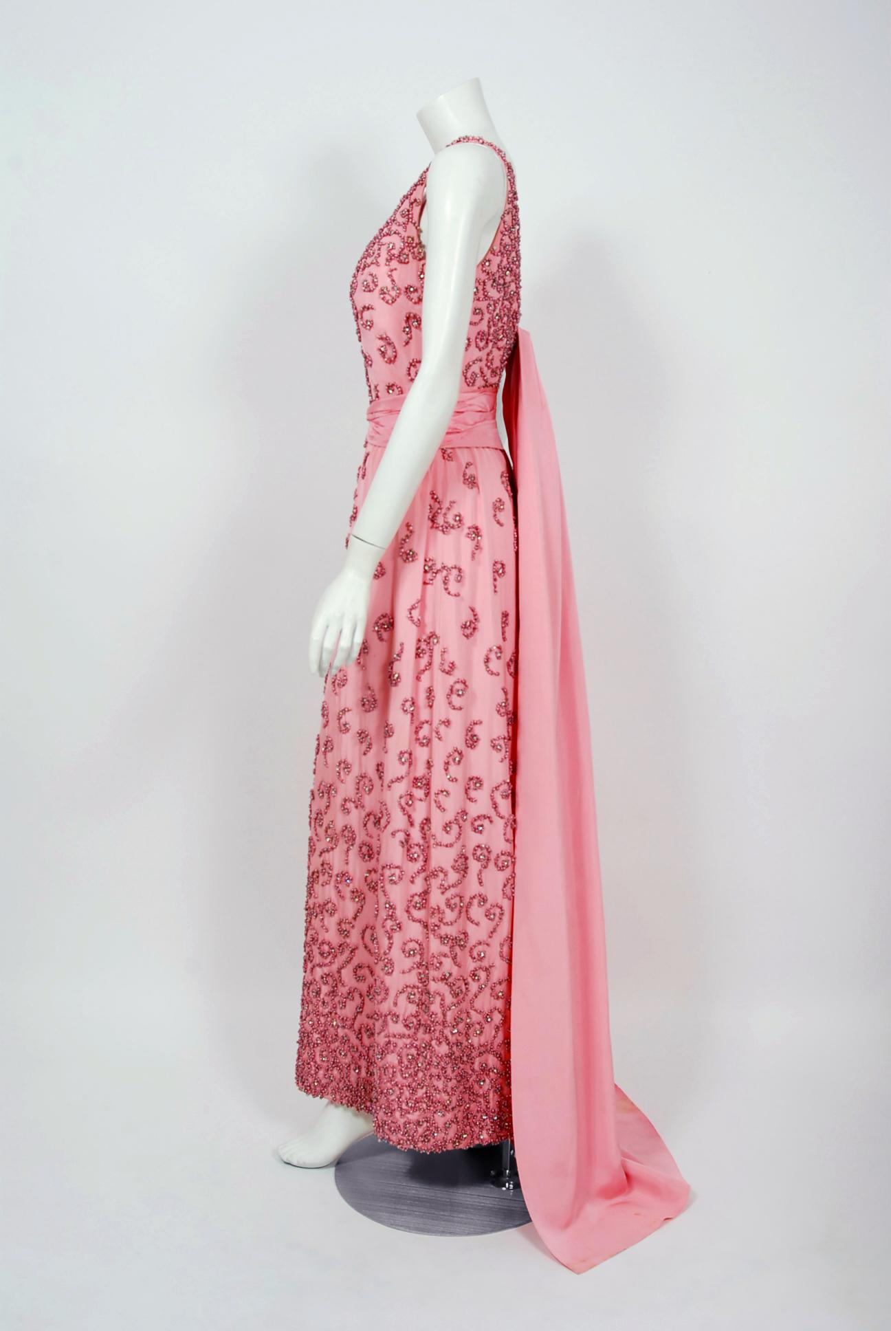 Vintage 1950s Pedro Rodriguez Couture Pink Beaded Silk Hourglass Trained Gown 1