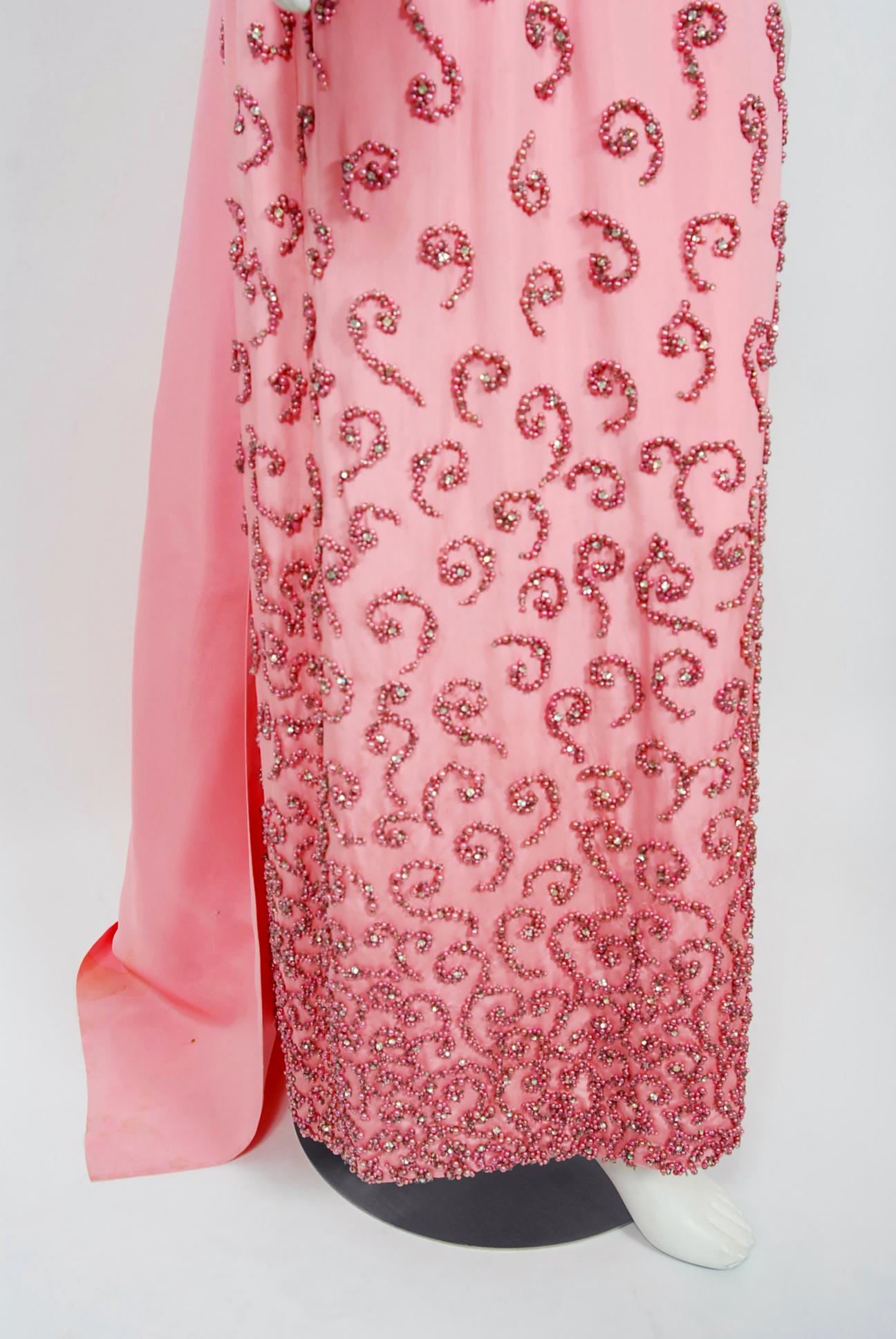 Vintage 1950s Pedro Rodriguez Couture Pink Beaded Silk Hourglass Trained Gown 2