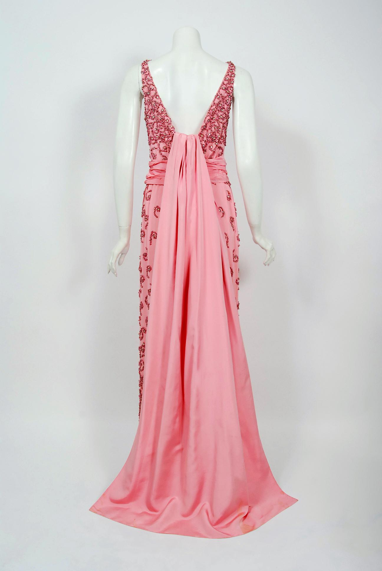 Vintage 1950s Pedro Rodriguez Couture Pink Beaded Silk Hourglass Trained Gown 3